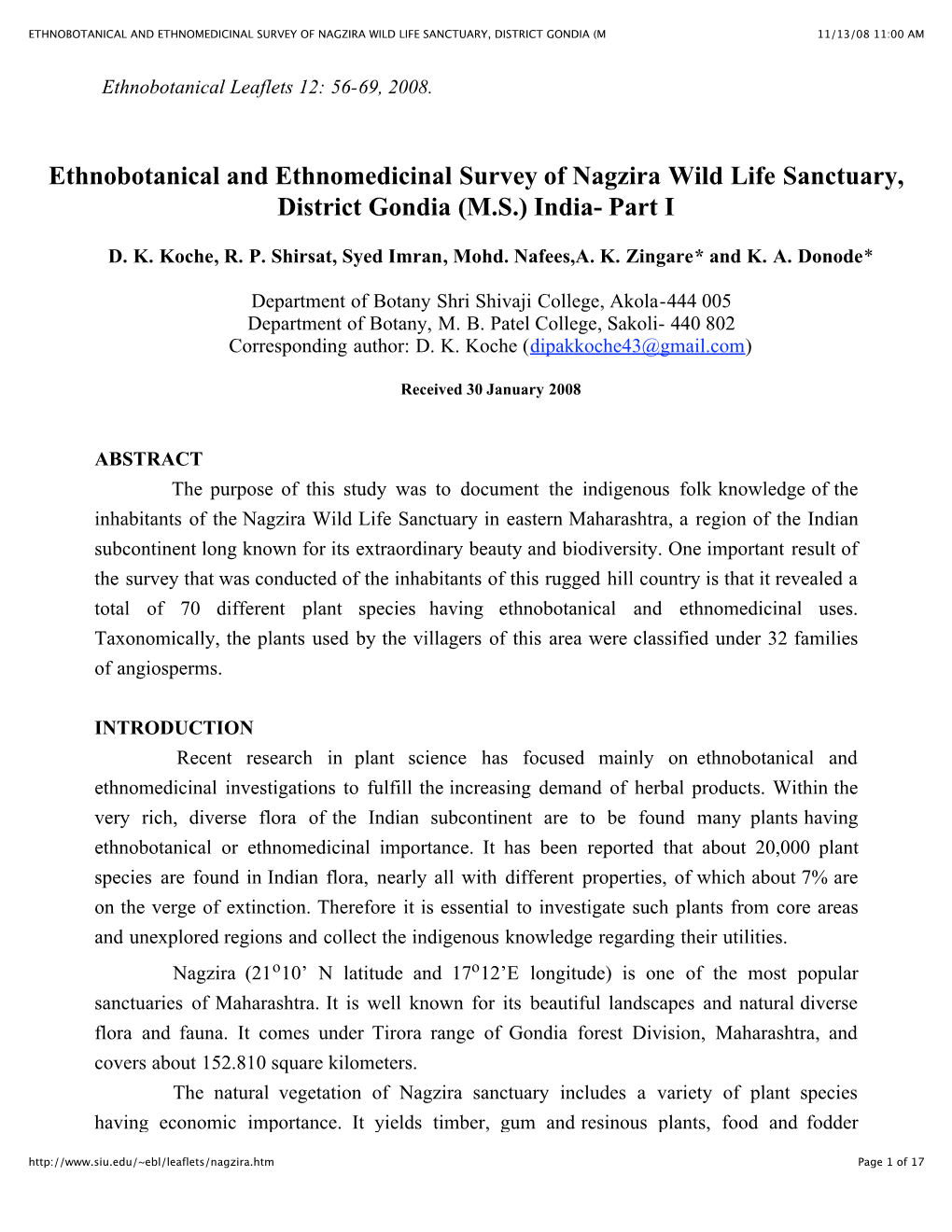 Ethnobotanical and Ethnomedicinal Survey of Nagzira Wild Life Sanctuary, District Gondia (M 11/13/08 11:00 Am