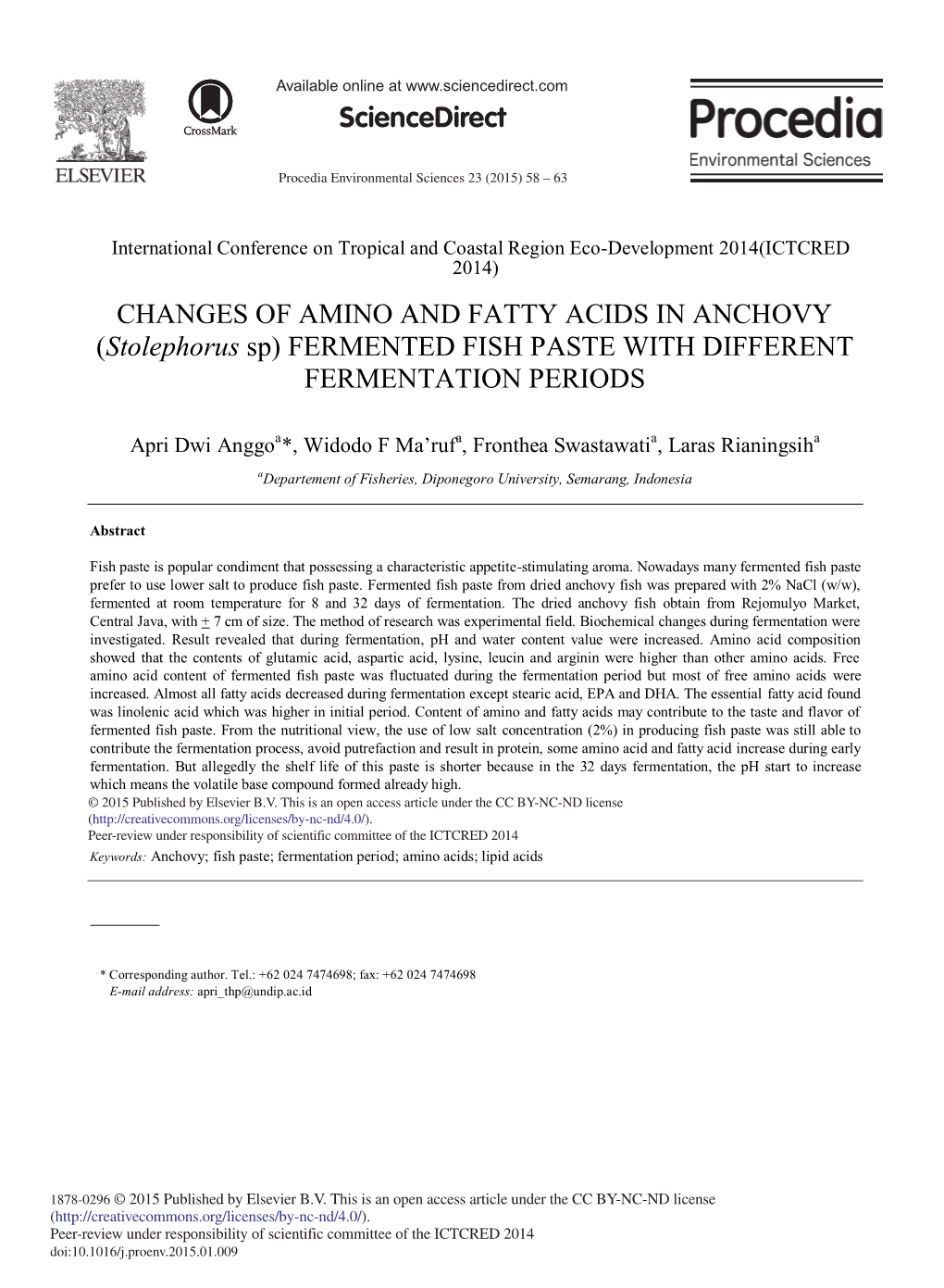 CHANGES of AMINO and FATTY ACIDS in ANCHOVY (Stolephorus Sp) FERMENTED FISH PASTE with DIFFERENT FERMENTATION PERIODS