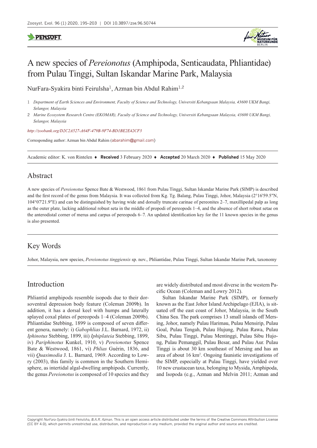 A New Species of Pereionotus (Amphipoda, Senticaudata, Phliantidae) from Pulau Tinggi, Sultan Iskandar Marine Park, Malaysia