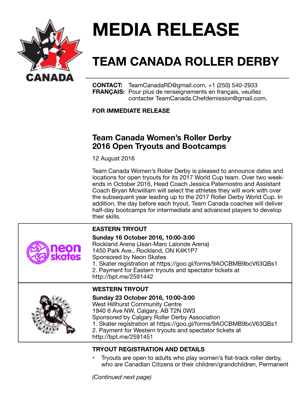 Team Canada Roller Derby Media Release