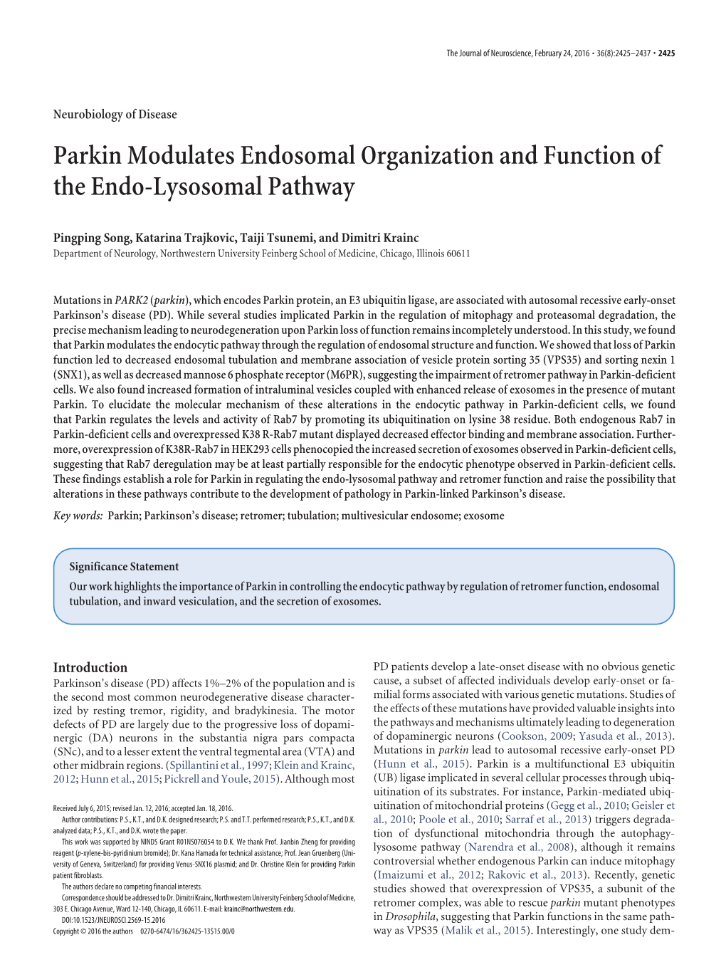 Parkin Modulates Endosomal Organization and Function of the Endo-Lysosomal Pathway