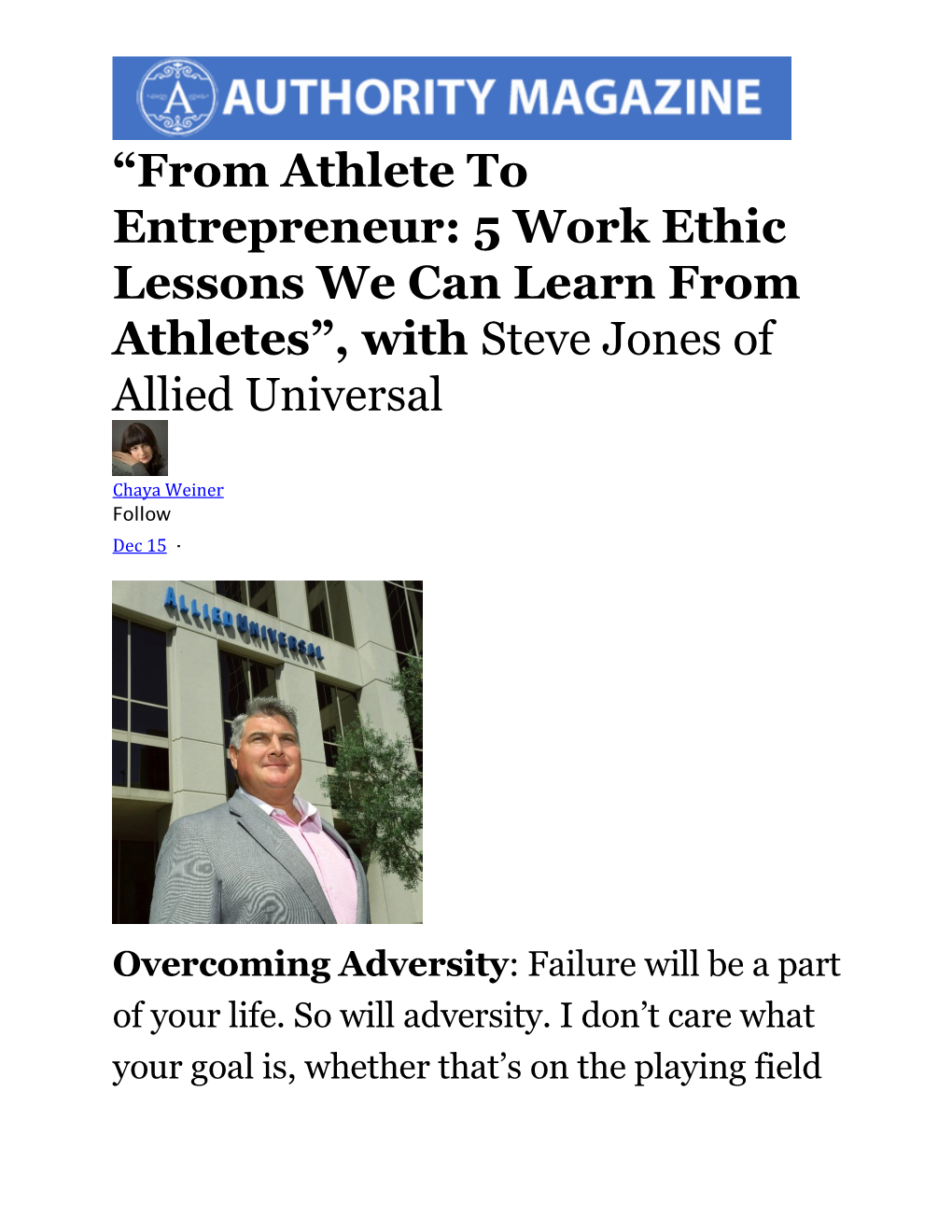 “From Athlete to Entrepreneur: 5 Work Ethic Lessons We Can Learn from Athletes”, with Steve Jones of Allied Universal