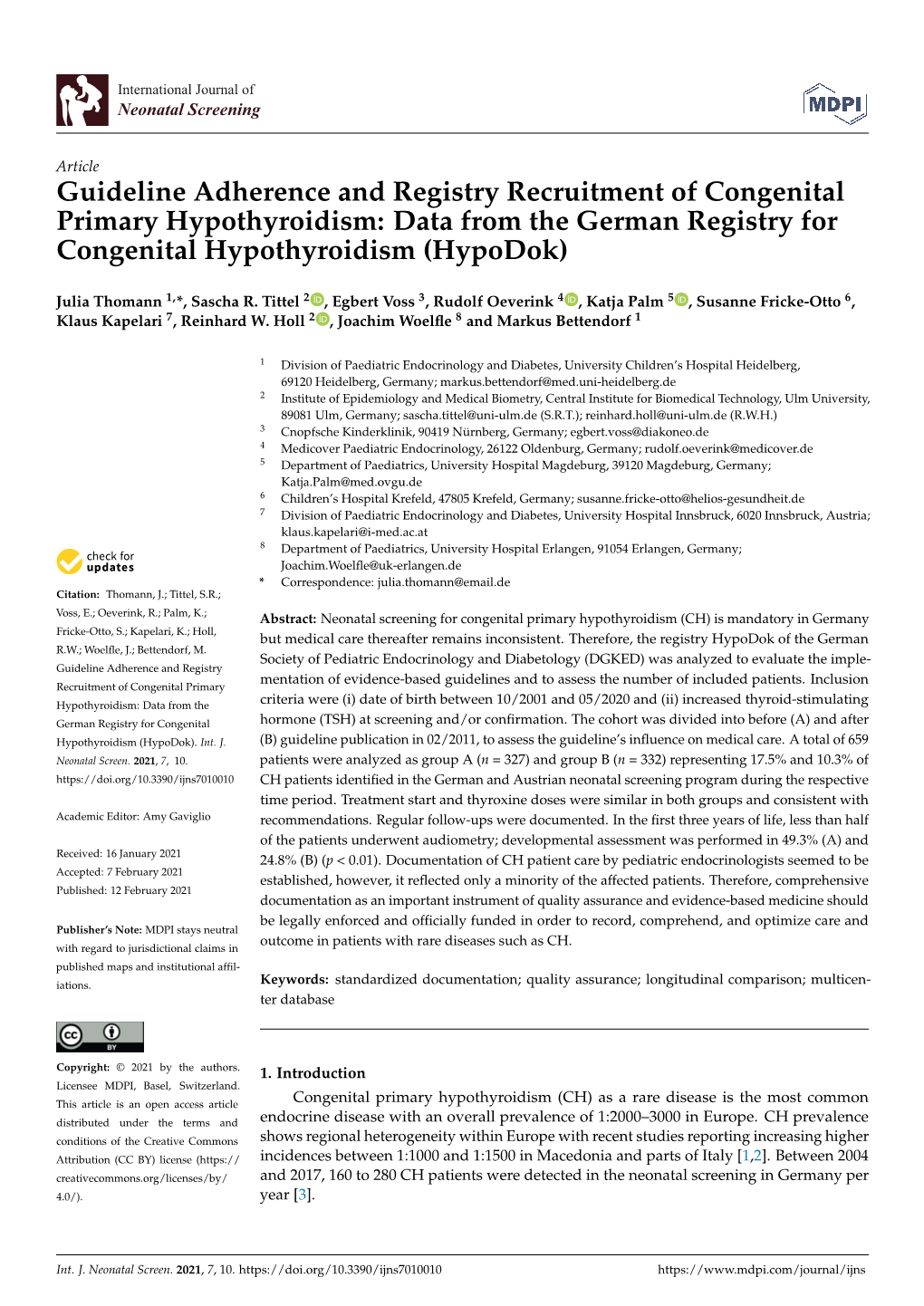 Data from the German Registry for Congenital Hypothyroidism (Hypodok)