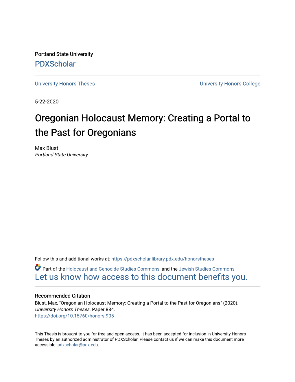 Oregonian Holocaust Memory: Creating a Portal to the Past for Oregonians