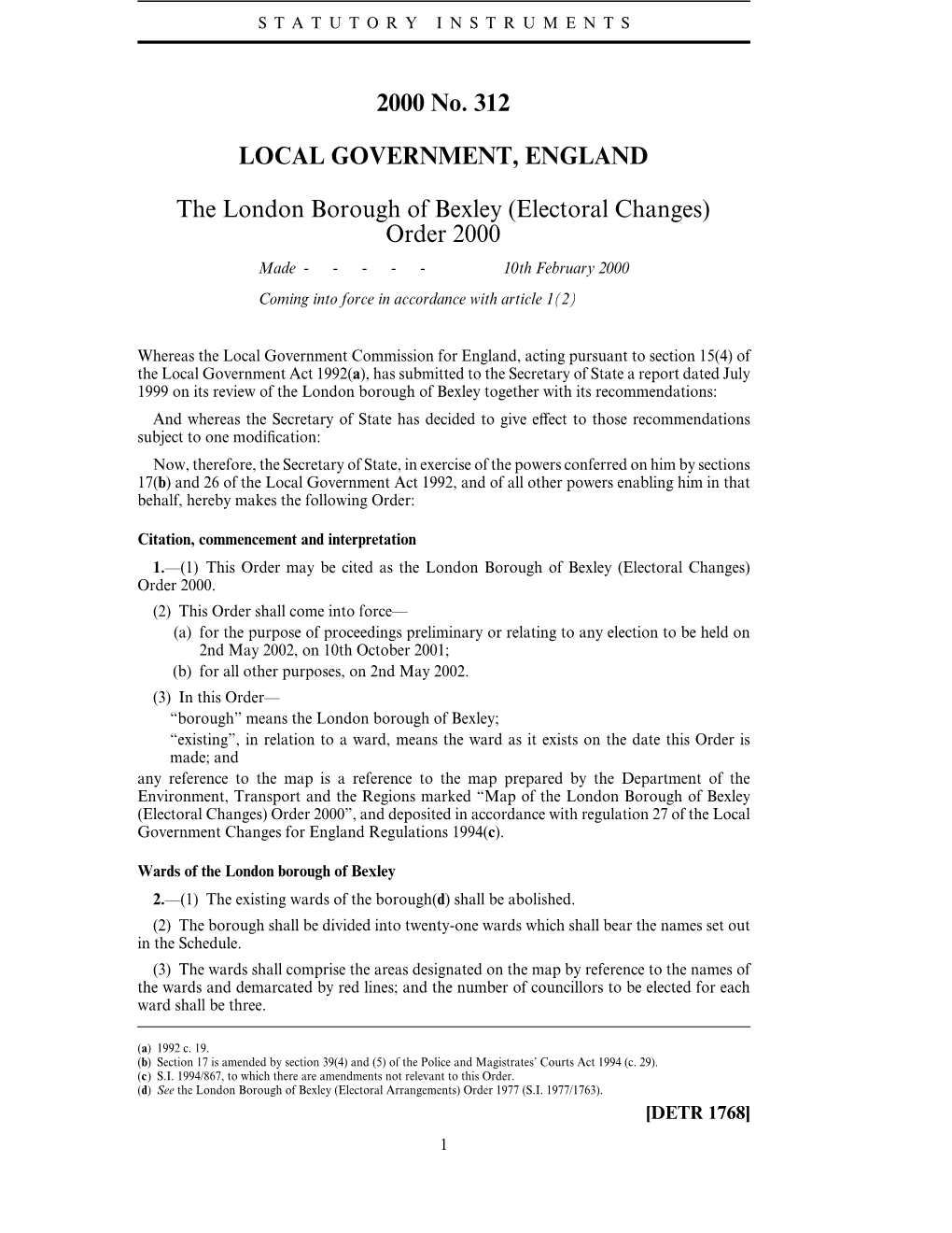 Electoral Changes) Order 2000 Made - - - - - 10Th February 2000 Coming Into Force in Accordance with Article 1(2)