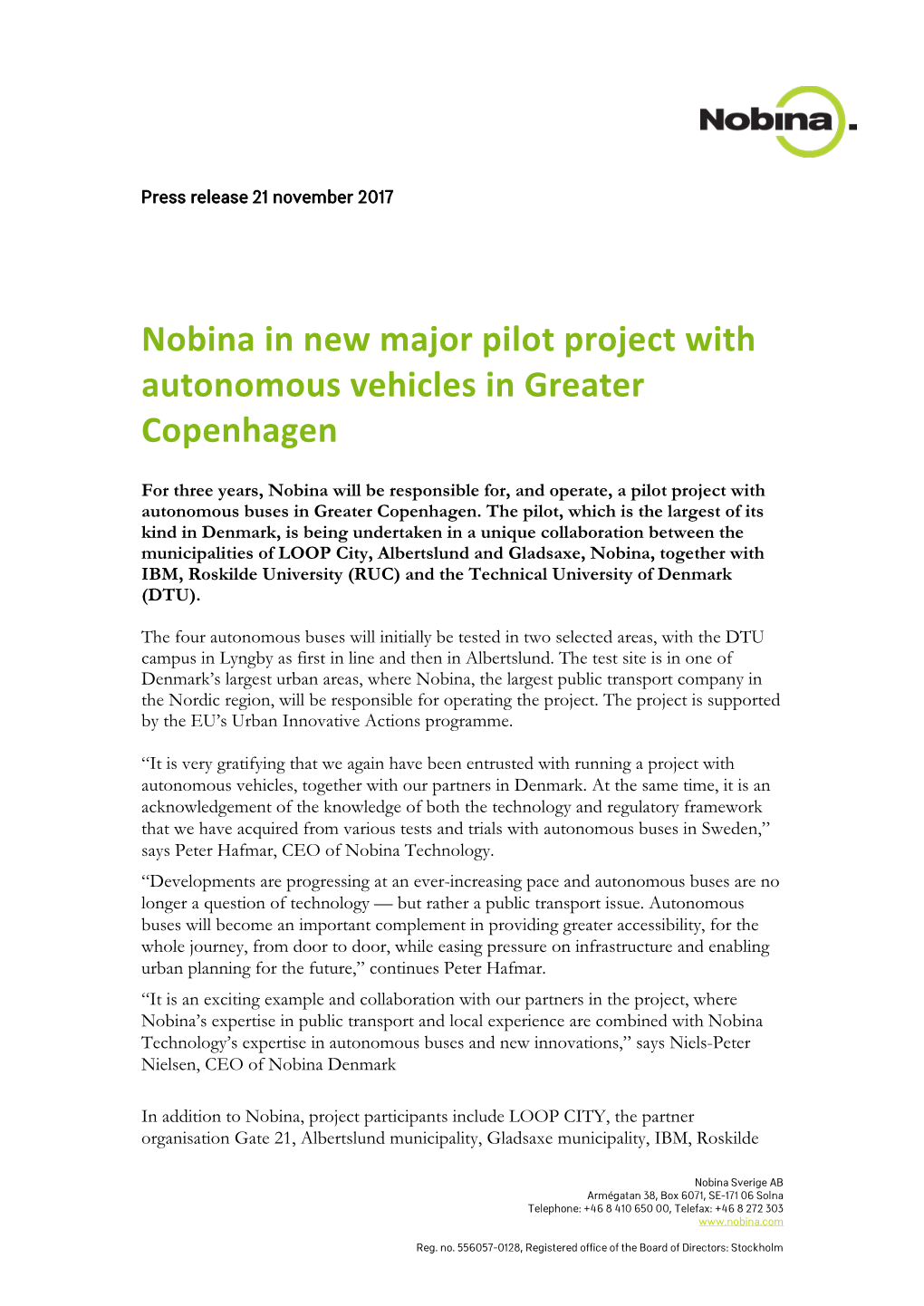 Nobina in New Major Pilot Project with Autonomous Vehicles in Greater Copenhagen