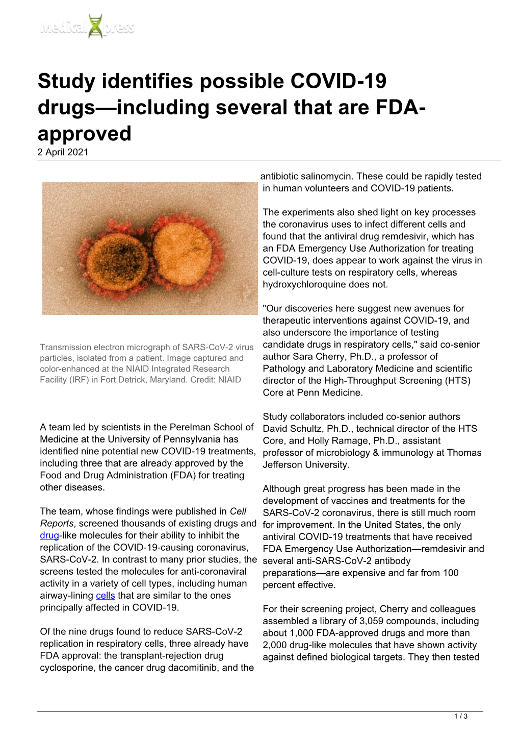 Study Identifies Possible COVID-19 Drugs—Including Several That Are FDA- Approved 2 April 2021