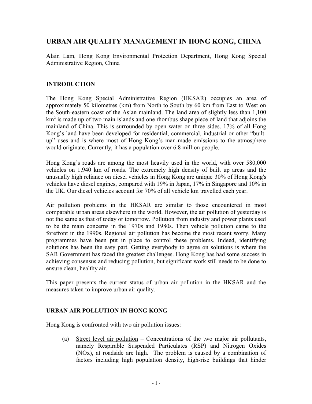 Urban Air Quality Management in Hong Kong, China