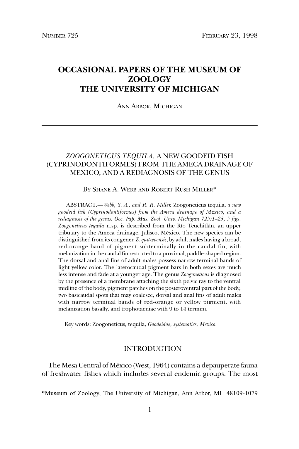 Zoogoneticus Tequila, a New Goodeid Fish (Cyprinodontiformes) from the Ameca Drainage of Mexico, and a Rediagnosis of the Genus