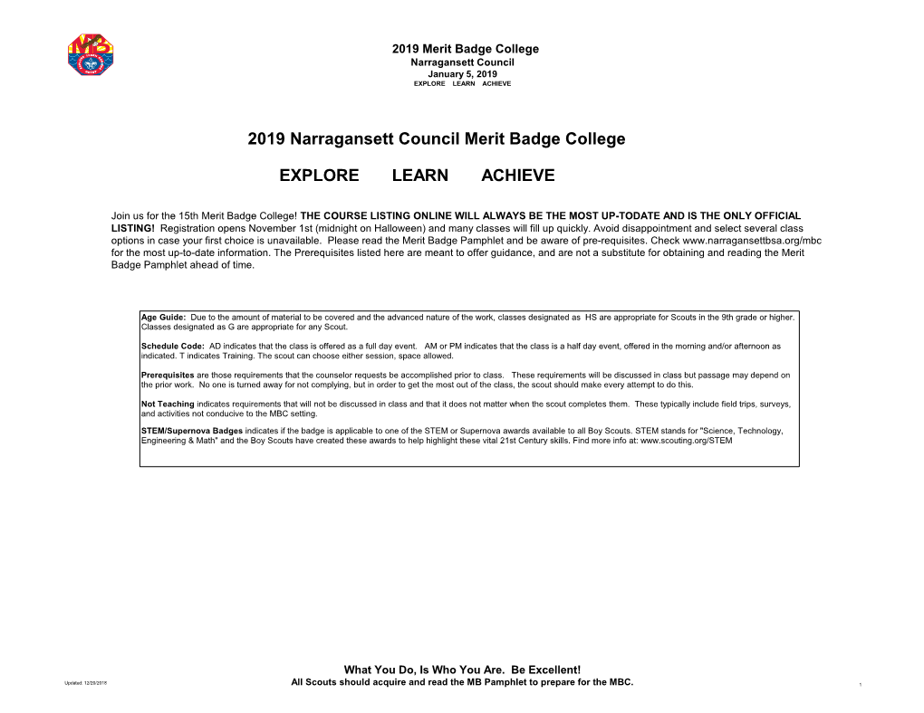 2019 Narragansett Council Merit Badge College EXPLORE LEARN ACHIEVE