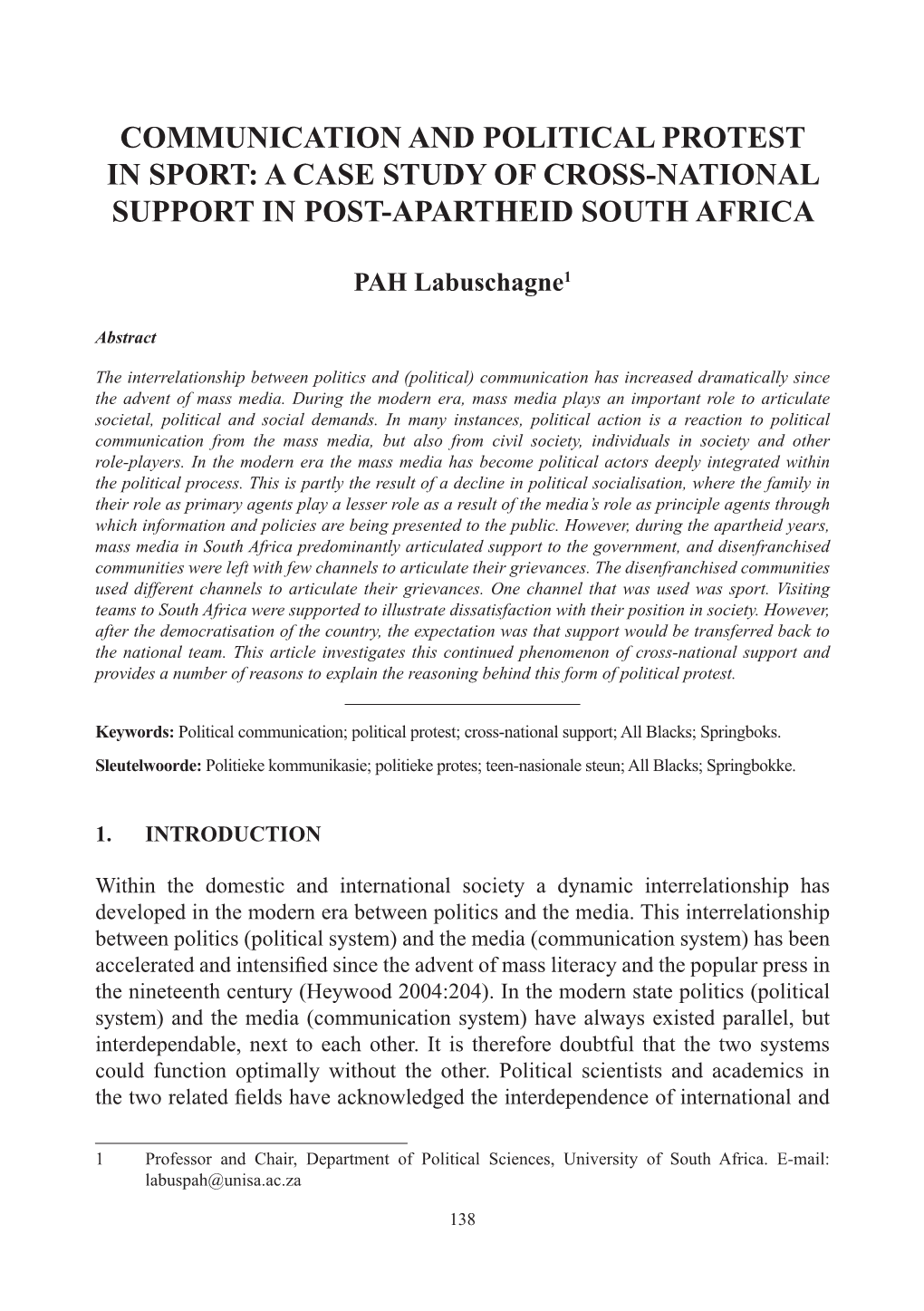 Communication and Political Protest in Sport: a Case Study of Cross-National Support in Post-Apartheid South Africa