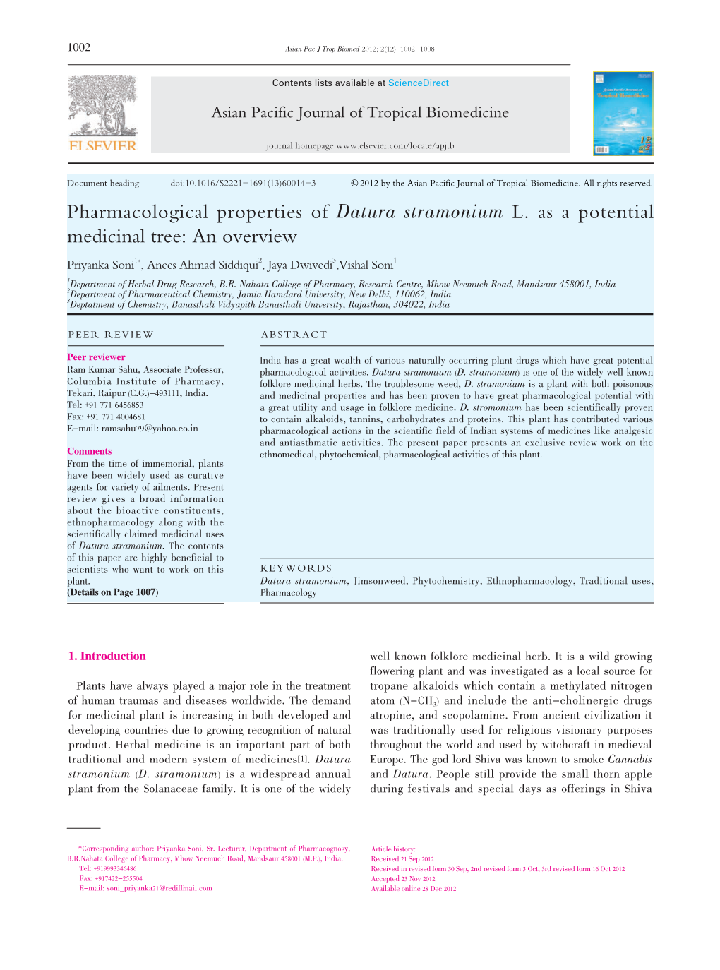 Pharmacological Properties of Datura Stramonium L. As a Potential Medicinal Tree: an Overview