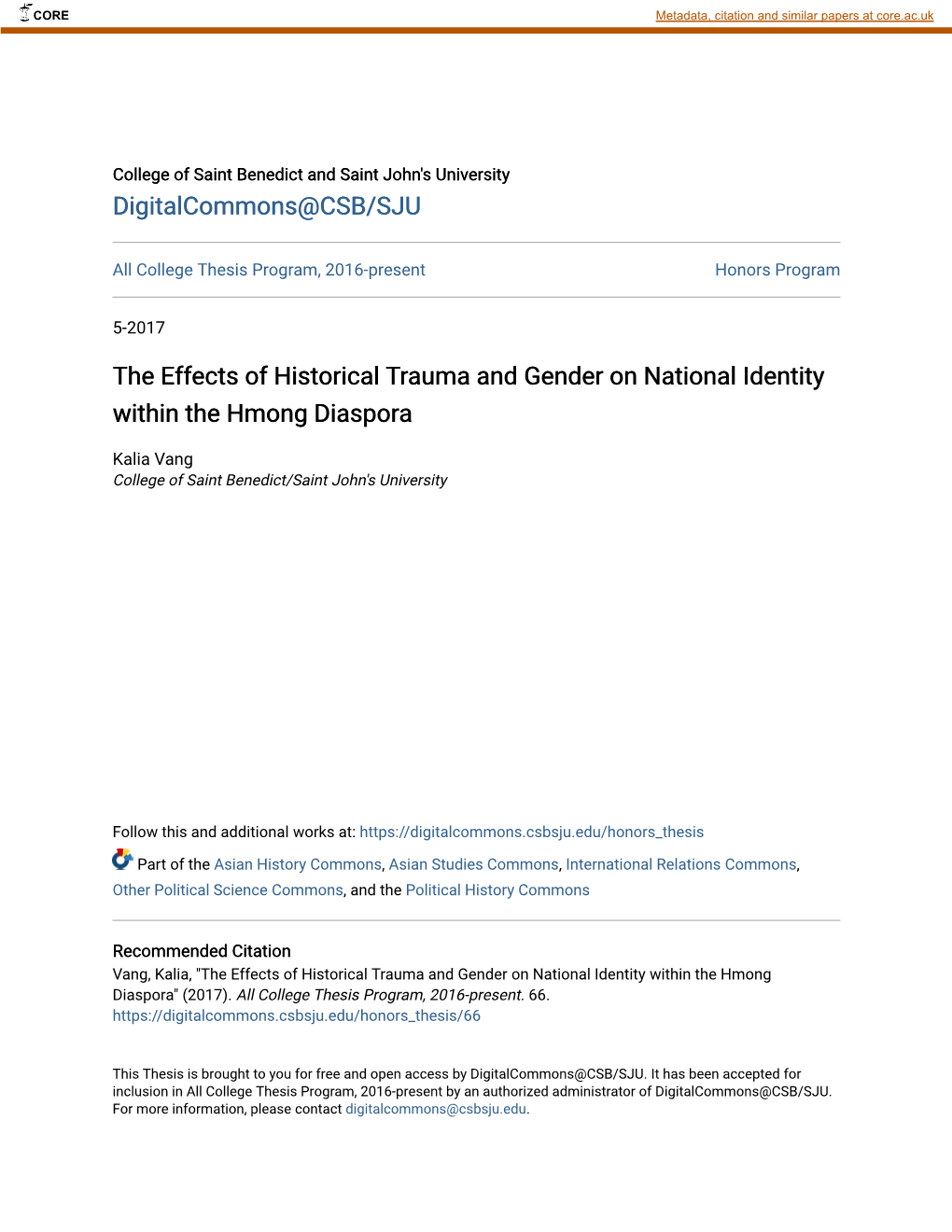 The Effects of Historical Trauma and Gender on National Identity Within the Hmong Diaspora