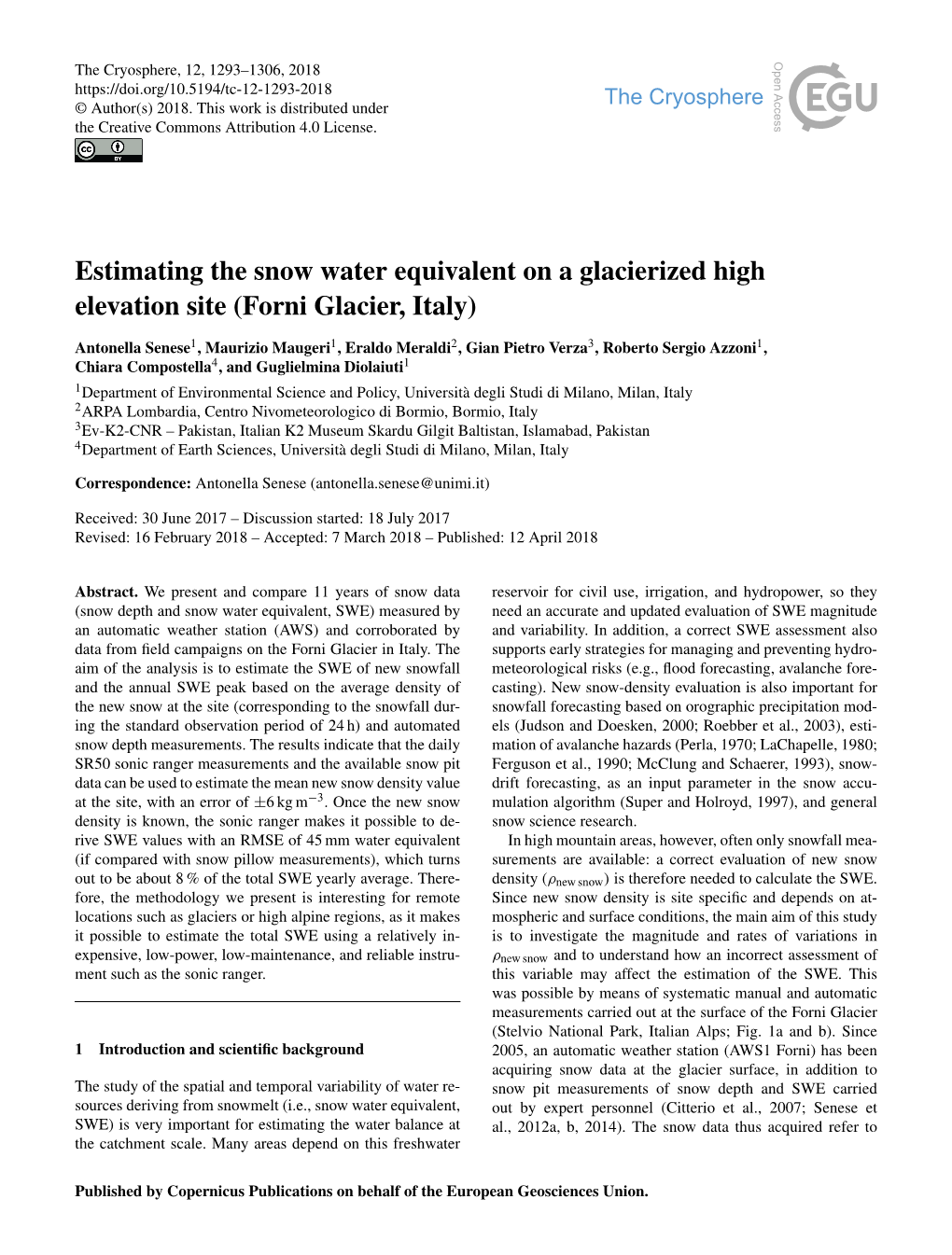 Estimating the Snow Water Equivalent on a Glacierized High Elevation Site (Forni Glacier, Italy)