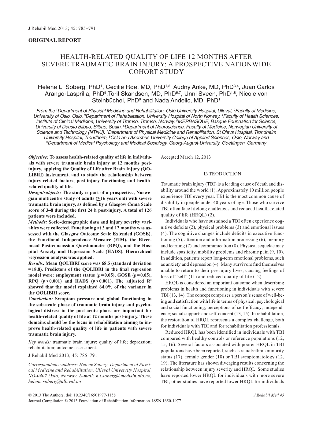 Health-Related Quality of Life 12 Months After Severe Traumatic Brain Injury: a Prospective Nationwide Cohort Study