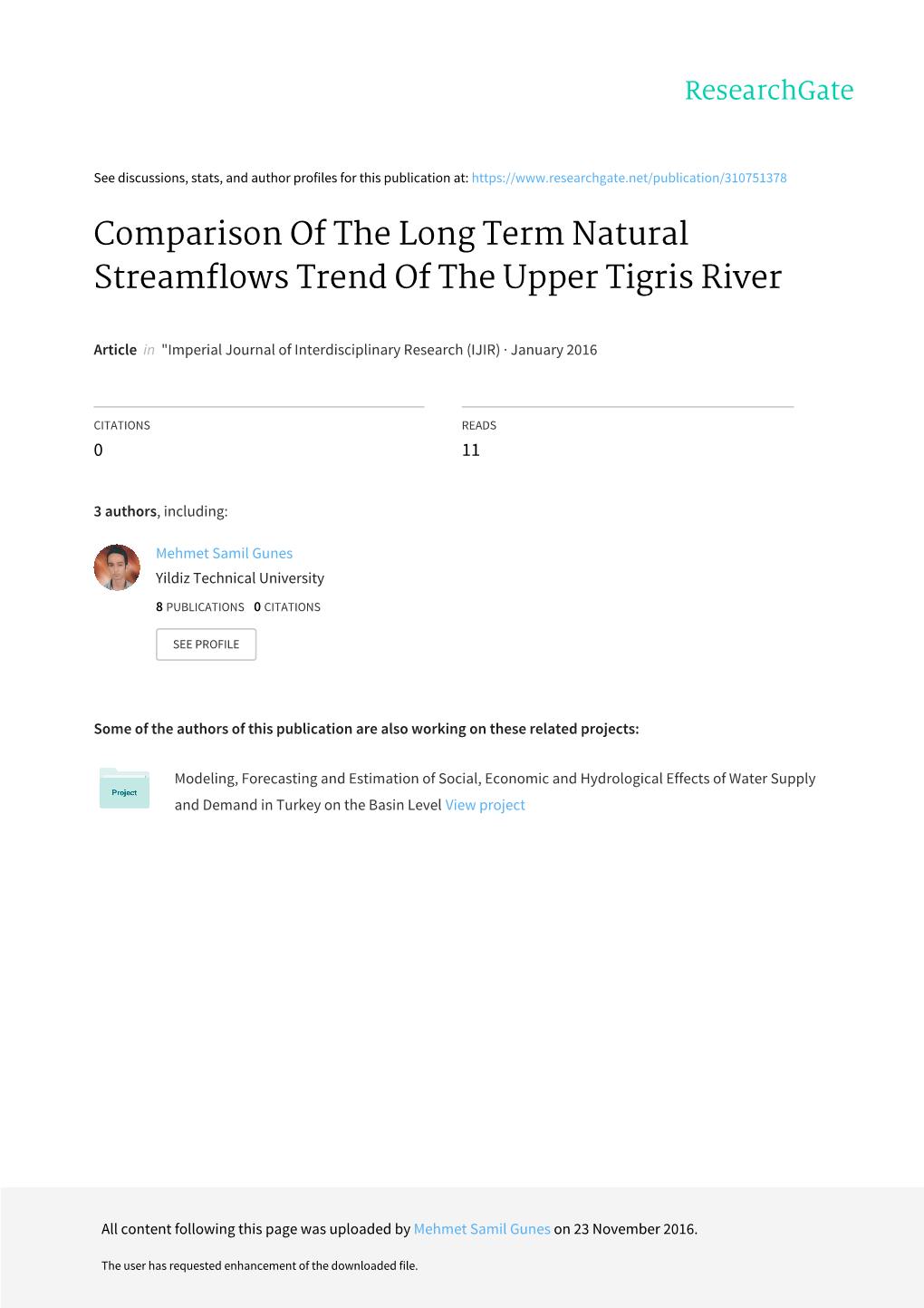 Comparison of the Long Term Natural Streamflows Trend of the Upper Tigris River