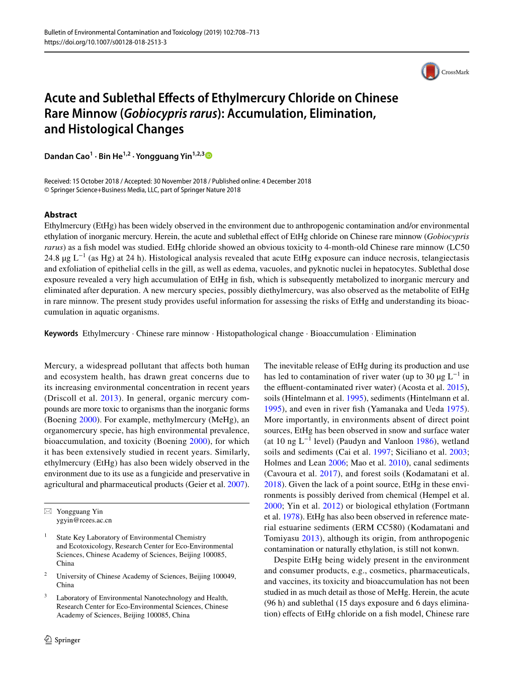 Acute and Sublethal Effects of Ethylmercury Chloride on Chinese Rare Minnow (Gobiocypris Rarus): Accumulation, Elimination, and Histological Changes