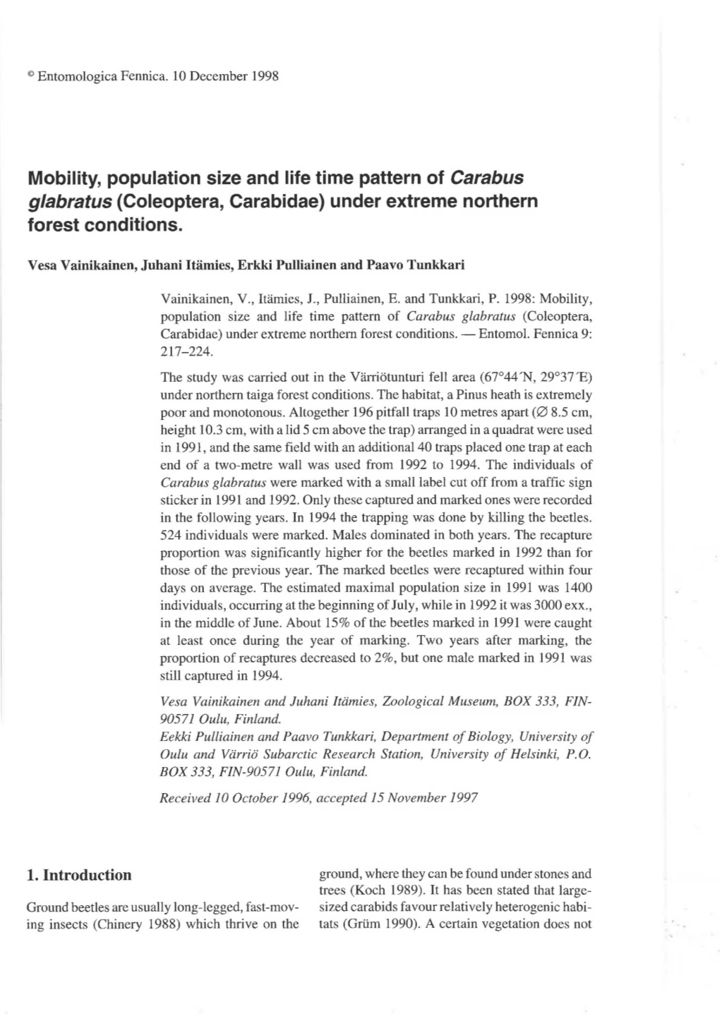 Mobility, Population Size and Life Time Pattern of Carabus Glabratus (Coleoptera, Carabidae) Under Extreme Northern Forest Conditions