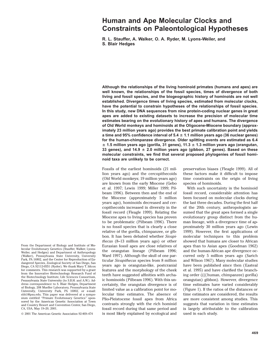 Human and Ape Molecular Clocks and Constraints on Paleontological Hypotheses