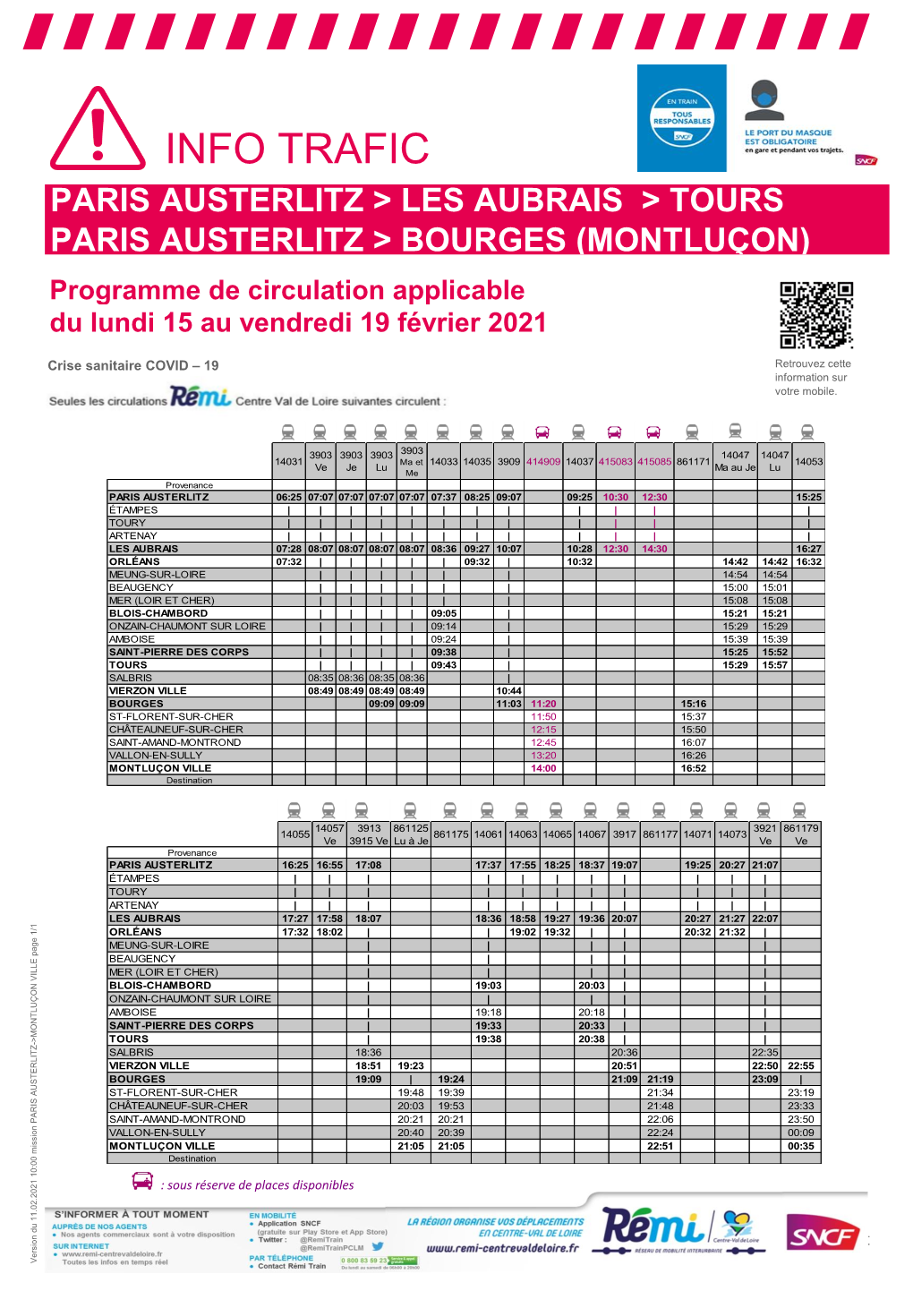 INFO TRAFIC PARIS AUSTERLITZ > LES AUBRAIS > TOURS PARIS AUSTERLITZ > BOURGES (MONTLUÇON) Programme De Circulation Applicable Du Lundi 15 Au Vendredi 19 Février 2021