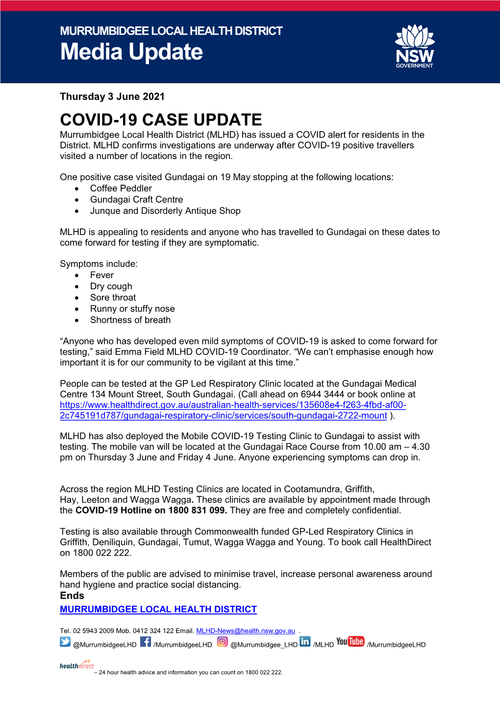COVID-19 Case Update 3 June 2021
