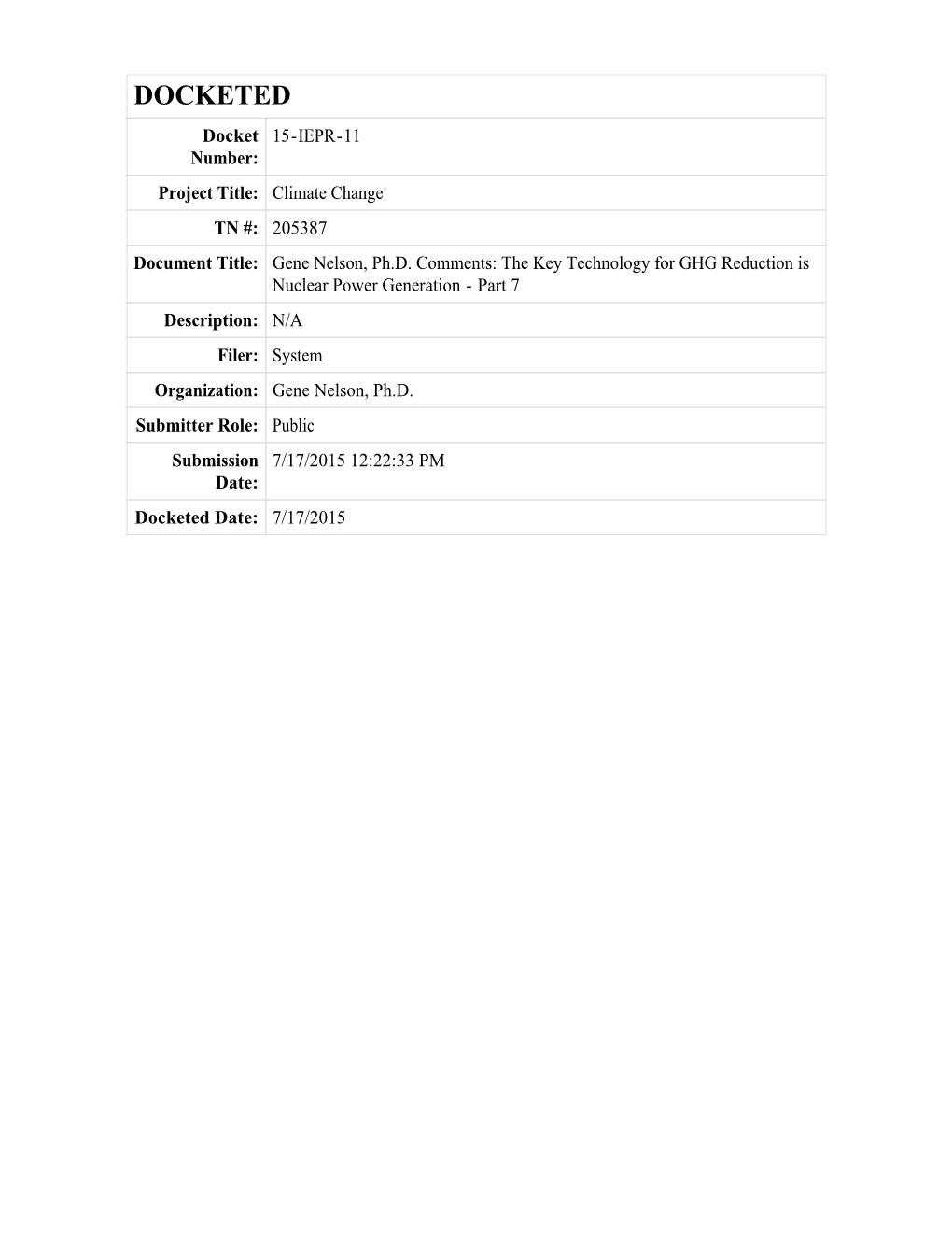 DOCKETED Docket 15-IEPR-11 Number: Project Title: Climate Change TN #: 205387 Document Title: Gene Nelson, Ph.D