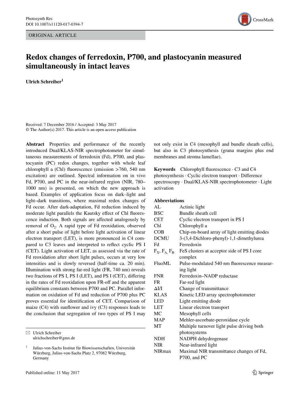 Redox Changes of Ferredoxin, P700, and Plastocyanin Measured Simultaneously in Intact Leaves