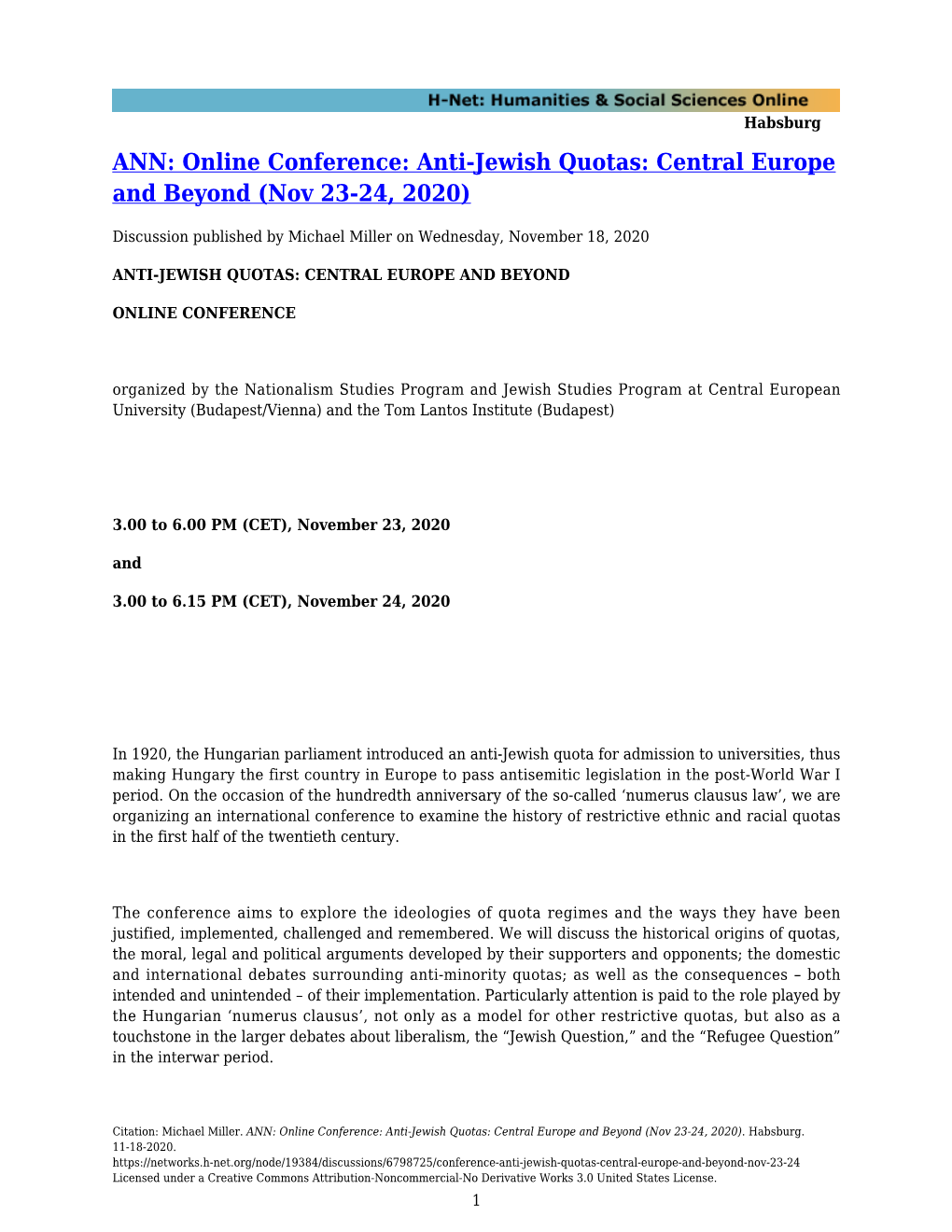 Anti-Jewish Quotas: Central Europe and Beyond (Nov 23-24, 2020)