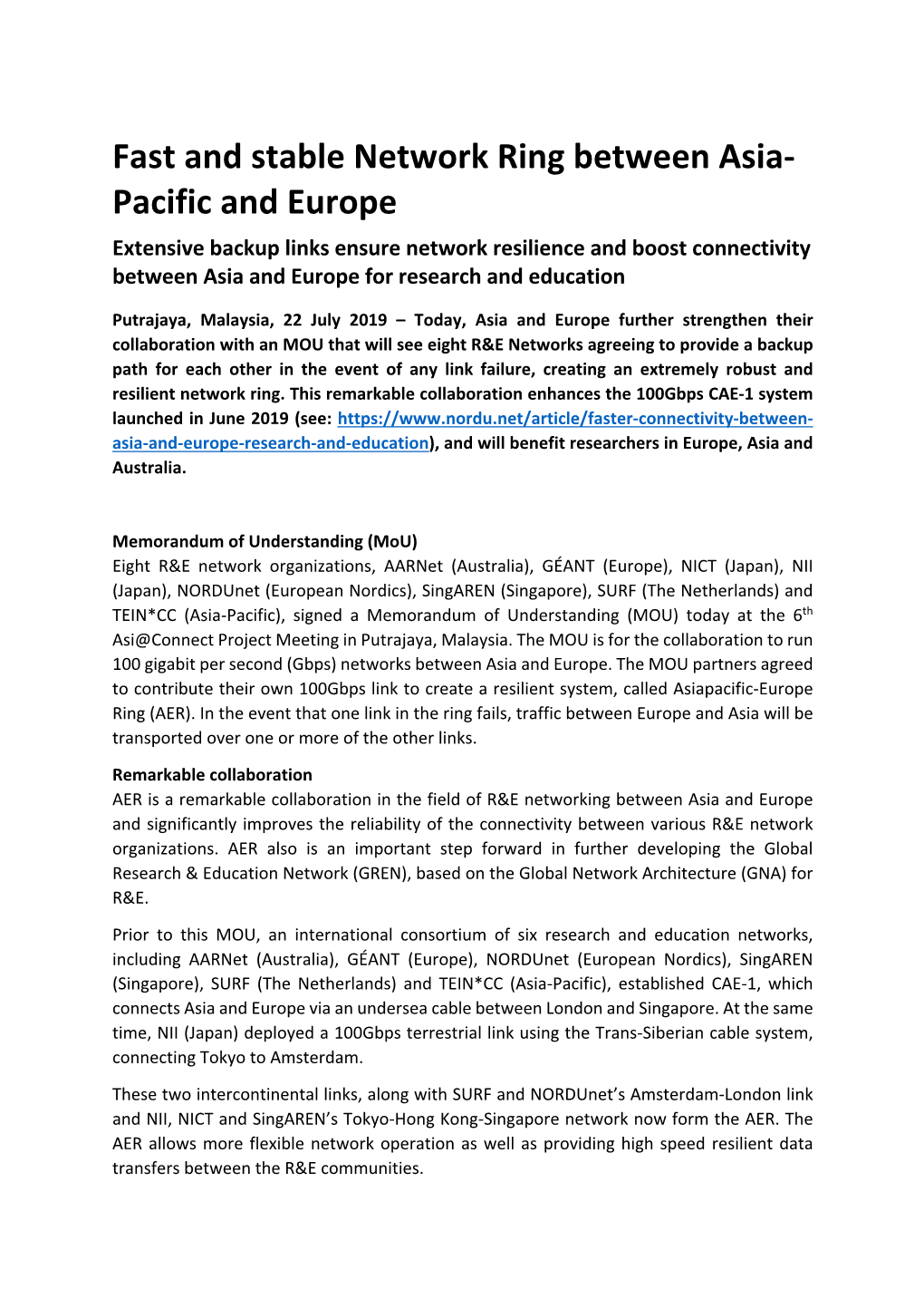 Fast and Stable Network Ring Between Asia- Pacific and Europe