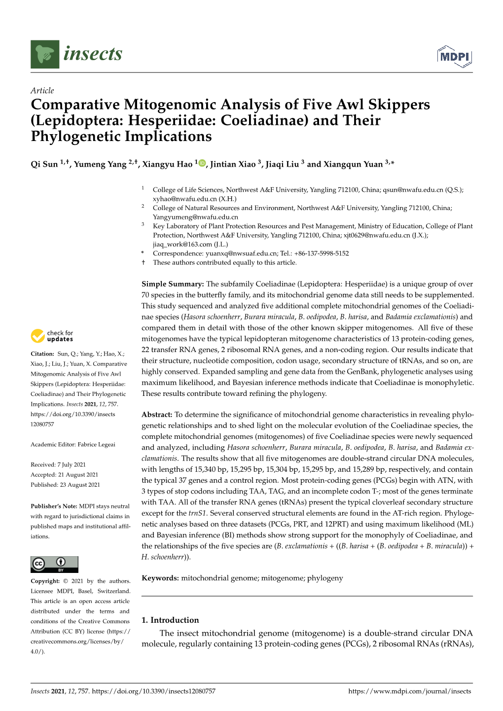 Comparative Mitogenomic Analysis of Five Awl Skippers (Lepidoptera: Hesperiidae: Coeliadinae) and Their Phylogenetic Implications