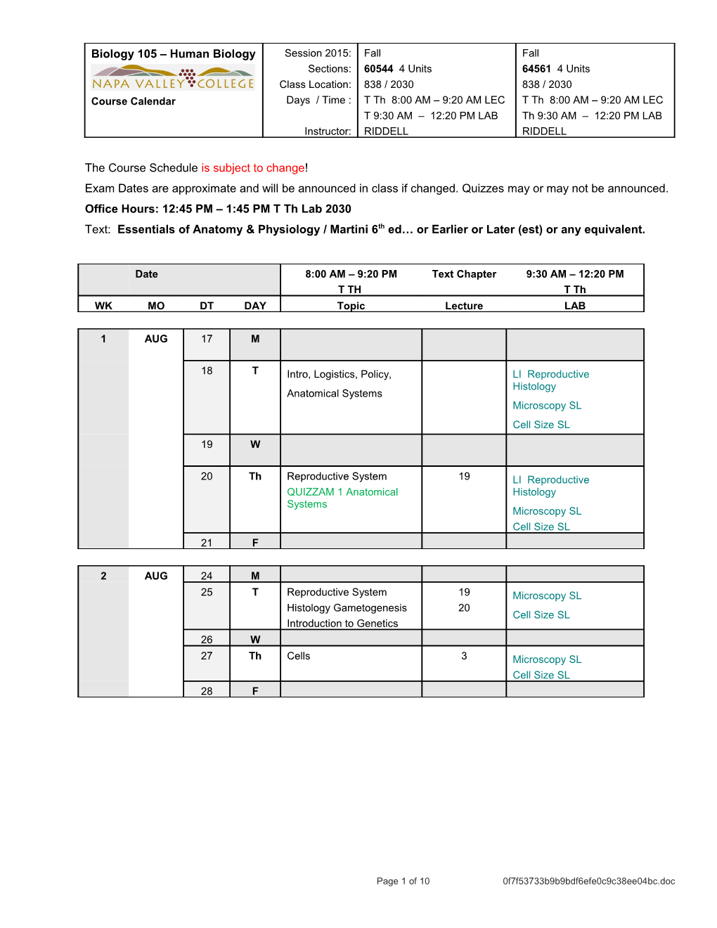 Biology 218 Human Anatomy - RIDDELL s2