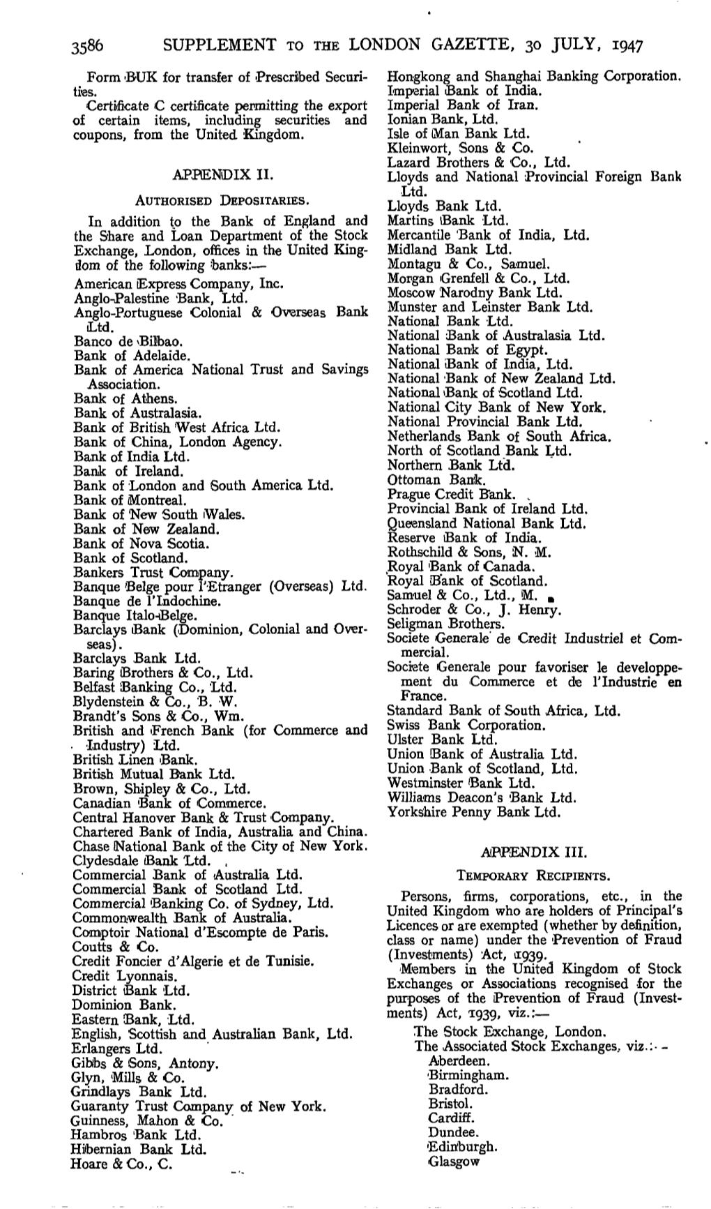 3586 SUPPLEMENT to the LONDON GAZETTE, 30 JULY, 1947 Form -BUK for Transfer of Prescribed Securi- Hongkong and Shanghai Banking Corporation, Ties