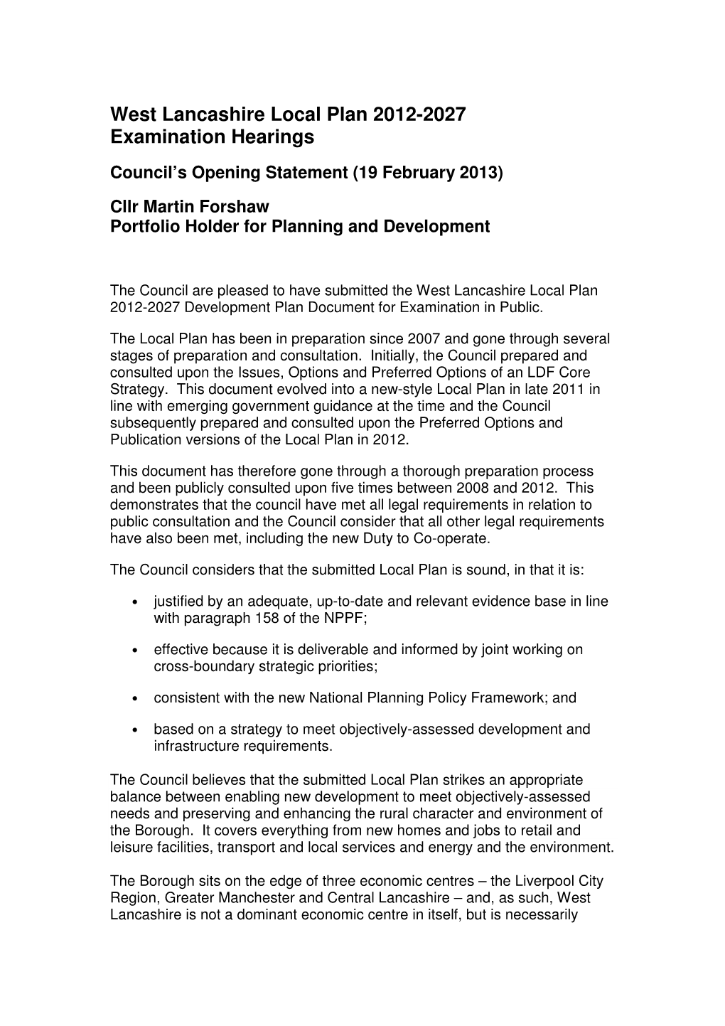 West Lancashire Local Plan 2012-2027 Examination Hearings