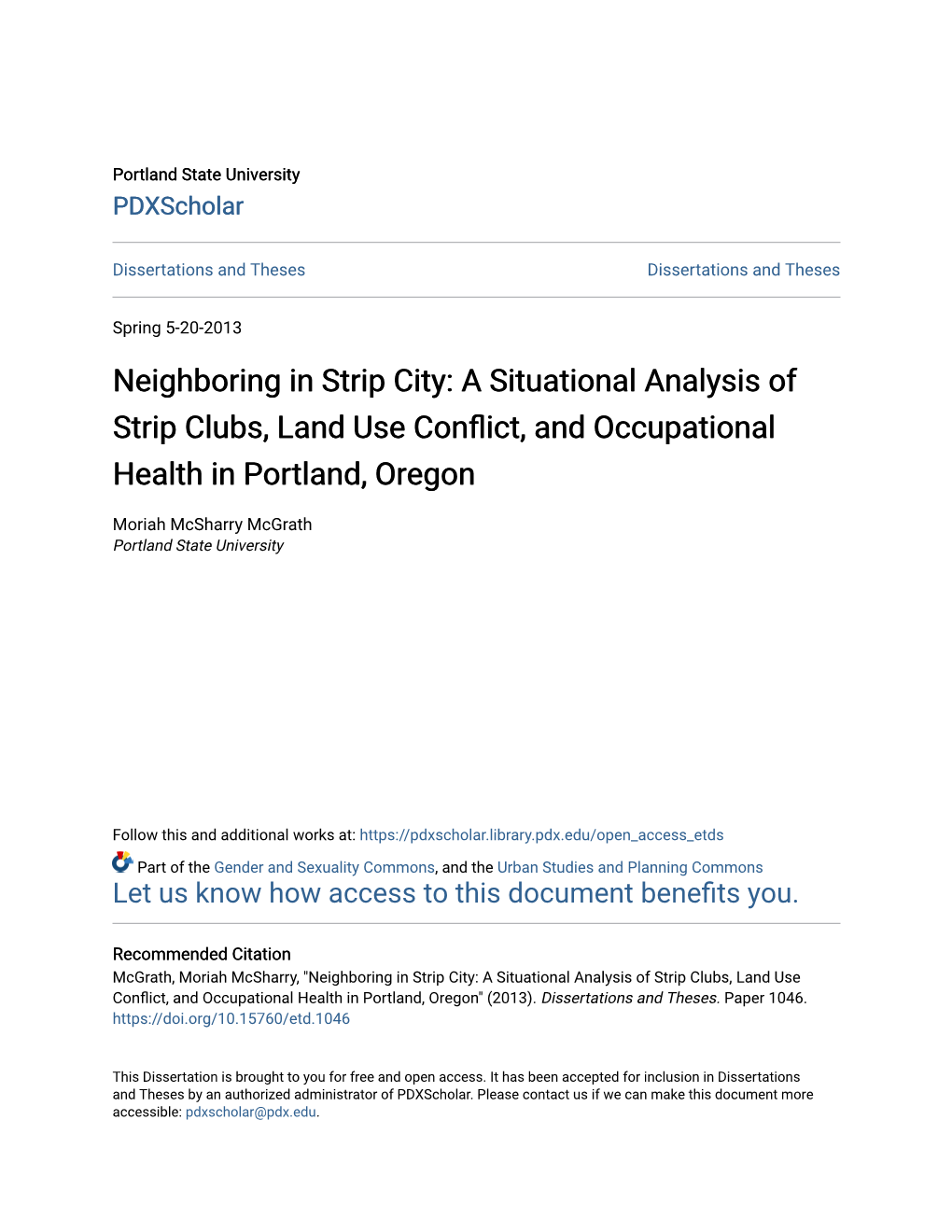 A Situational Analysis of Strip Clubs, Land Use Conflict, and Occupational Health in Portland, Oregon