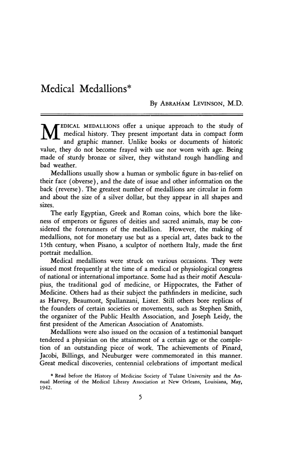 Medical Medallions* by ABRAHAM LEVINSON, M.D