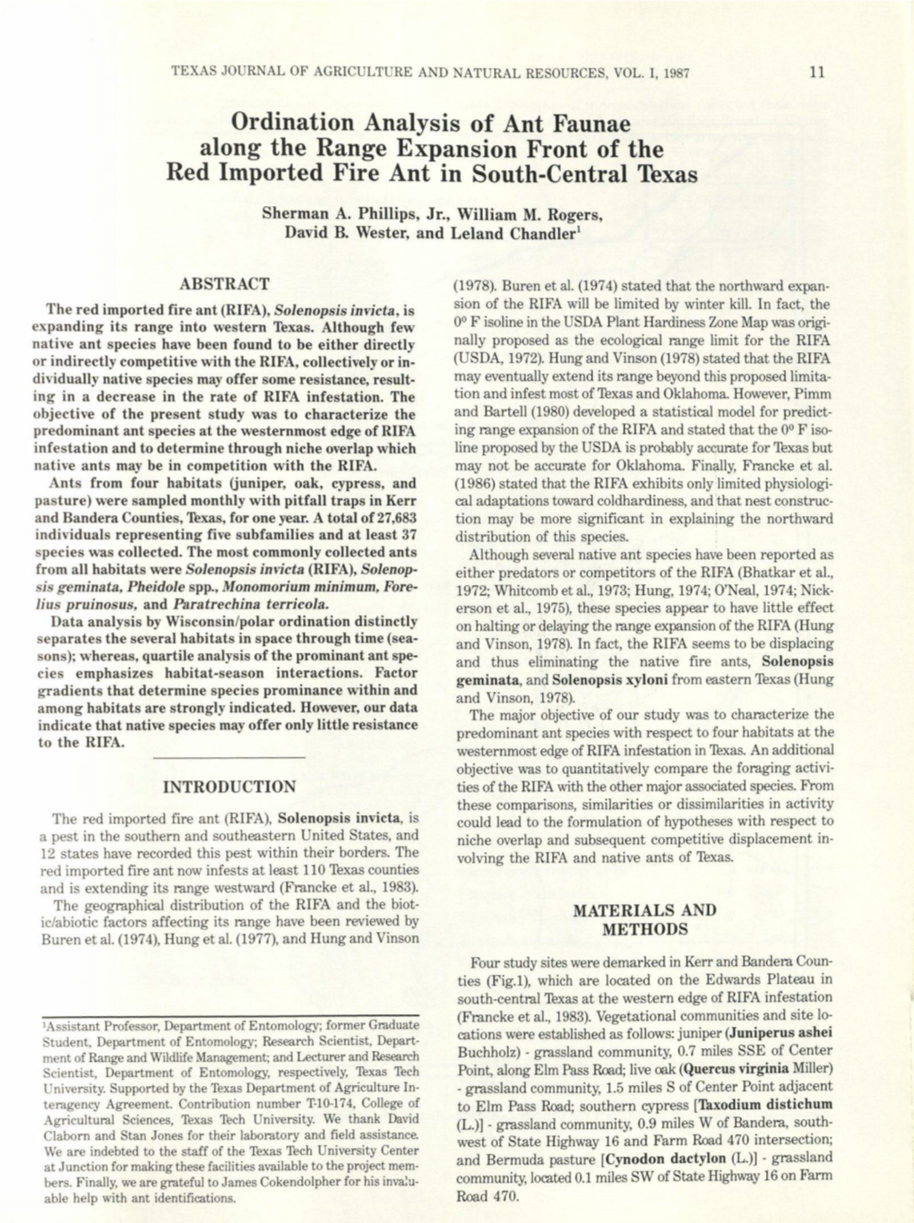 Ordination Analysis of Ant Faunae Along the Range Expansion Front of the Red Imported Fire Ant in South-Central Texas