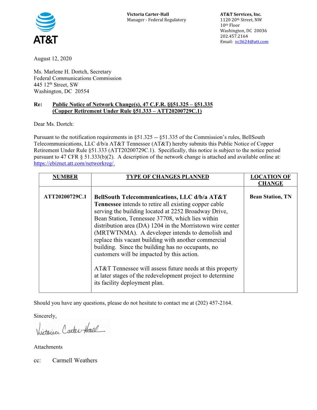 Cc: Carmell Weathers Bellsouth Telecommunications, LLC D/B/A