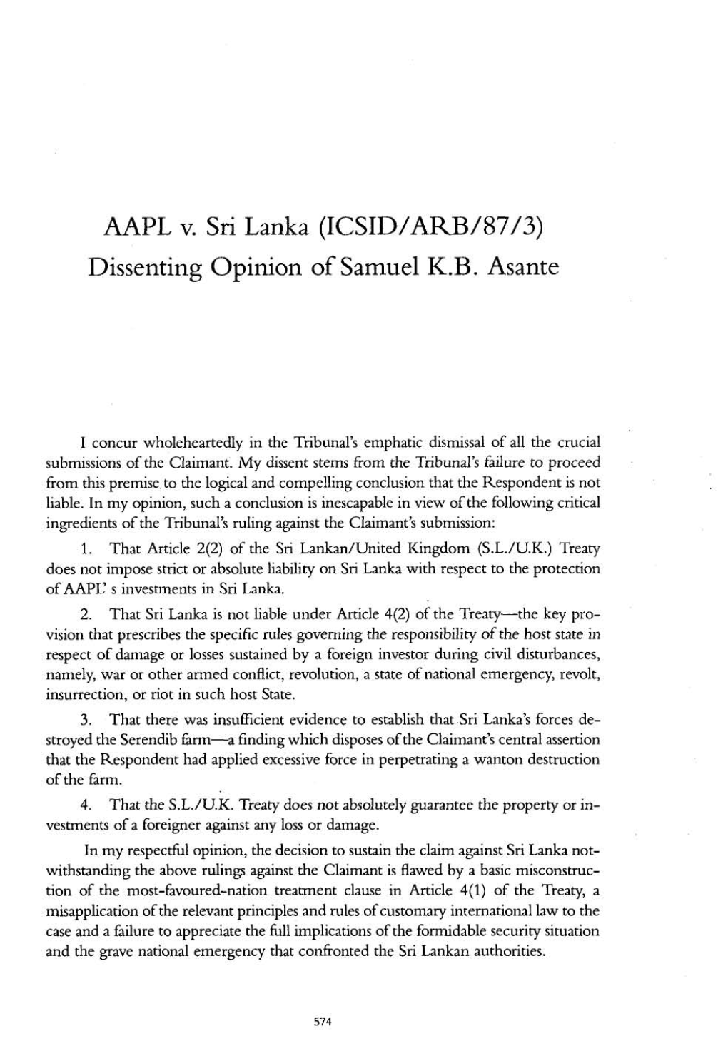 AAPL V. Sri Lanka (ICSID/ARB/87/3) Dissenting Opinion of Samuel K.B. Asante