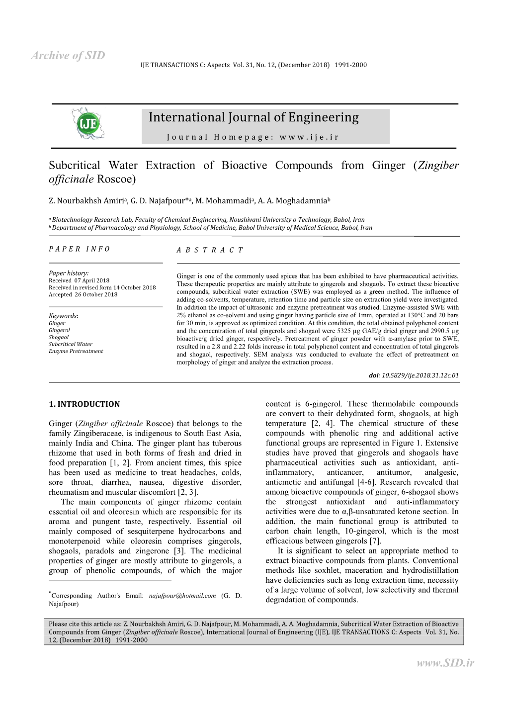 Subcritical Water Extraction of Bioactive Compounds from Ginger (Zingiber Officinale Roscoe)