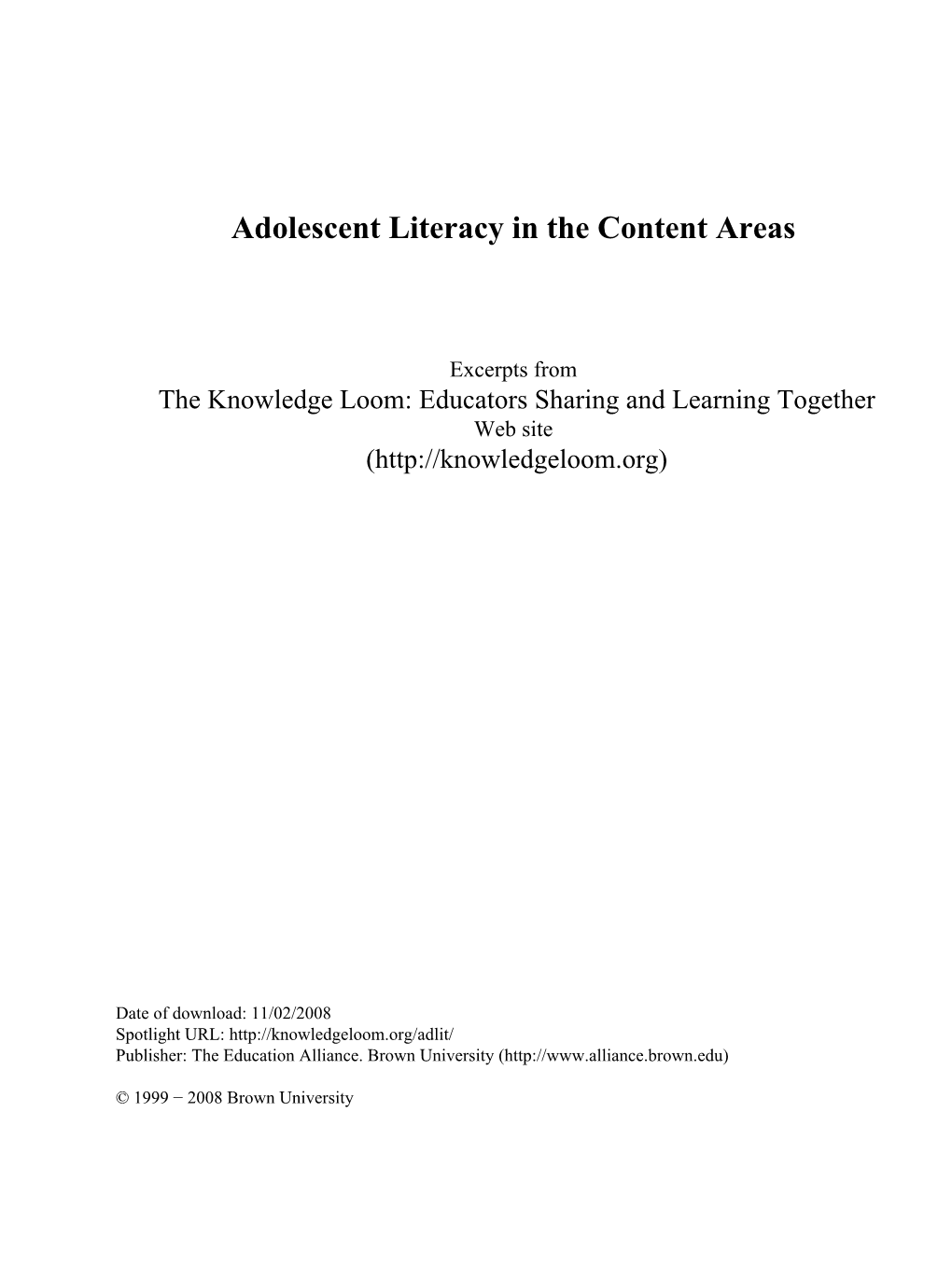 Adolescent Literacy in the Content Areas