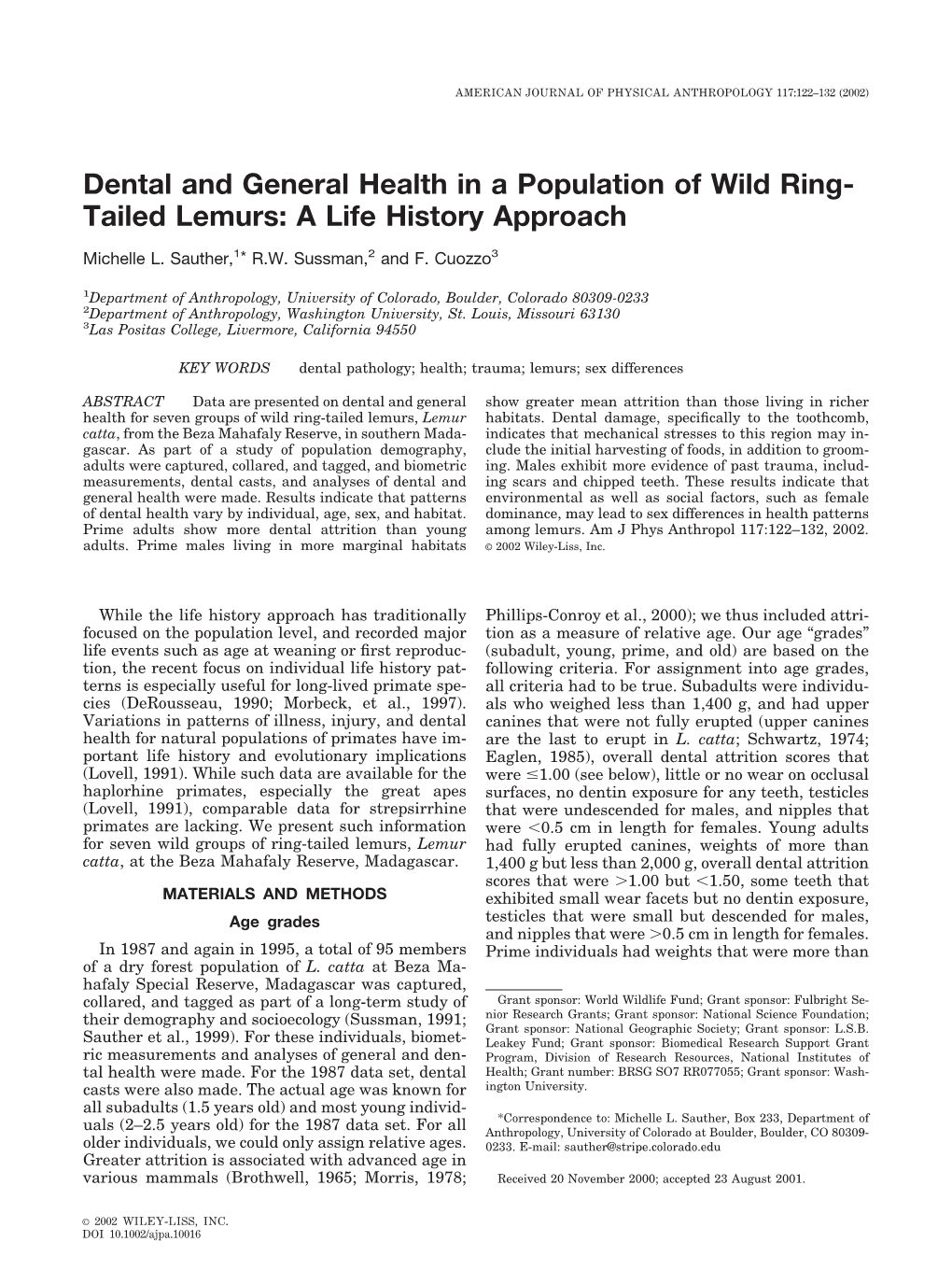 Dental and General Health in a Population of Wild Ring-Tailed Lemurs