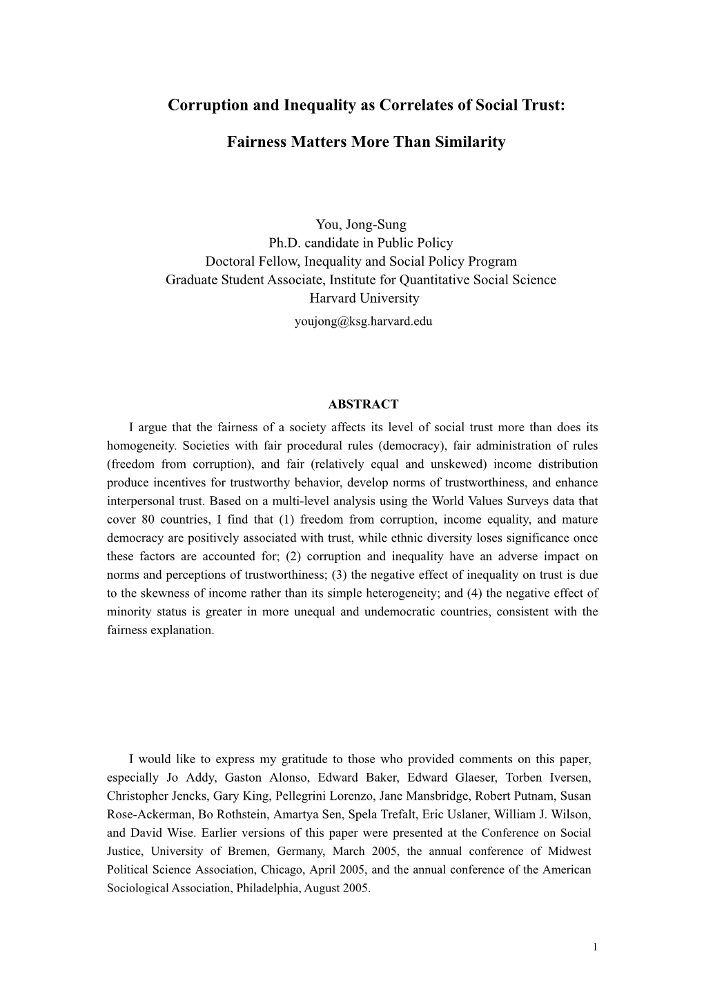 Corruption and Inequality As Correlates of Social Trust