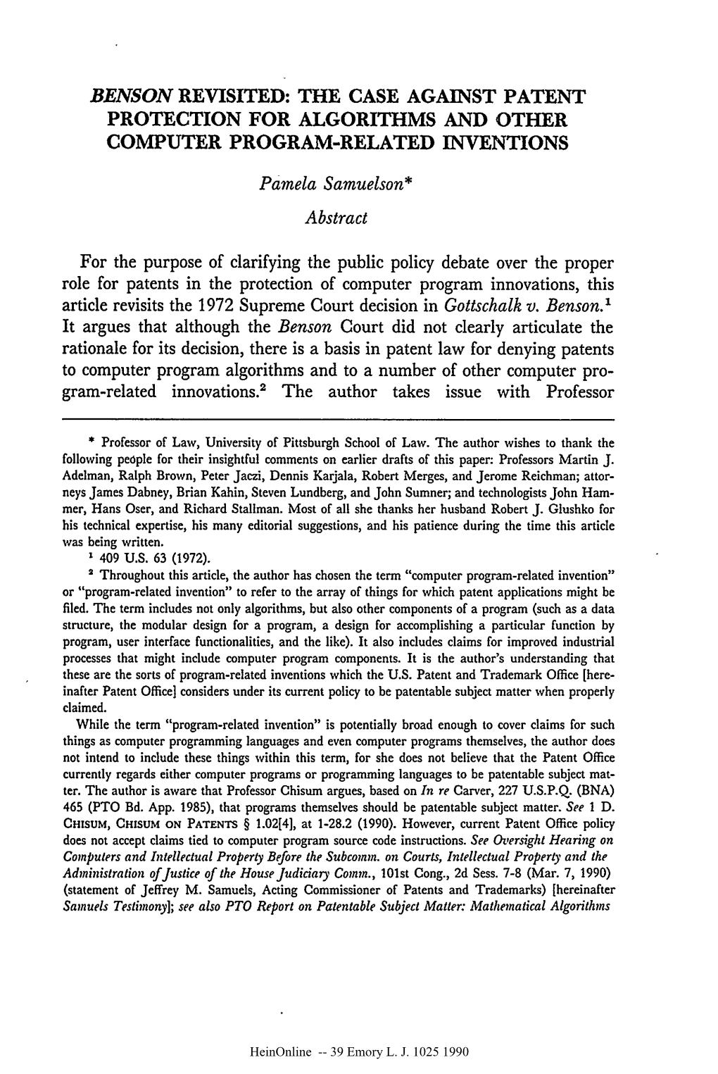 Benson Revisited: the Case Against Patent Protection for Algorithms and Other Computer Program-Related Inventions