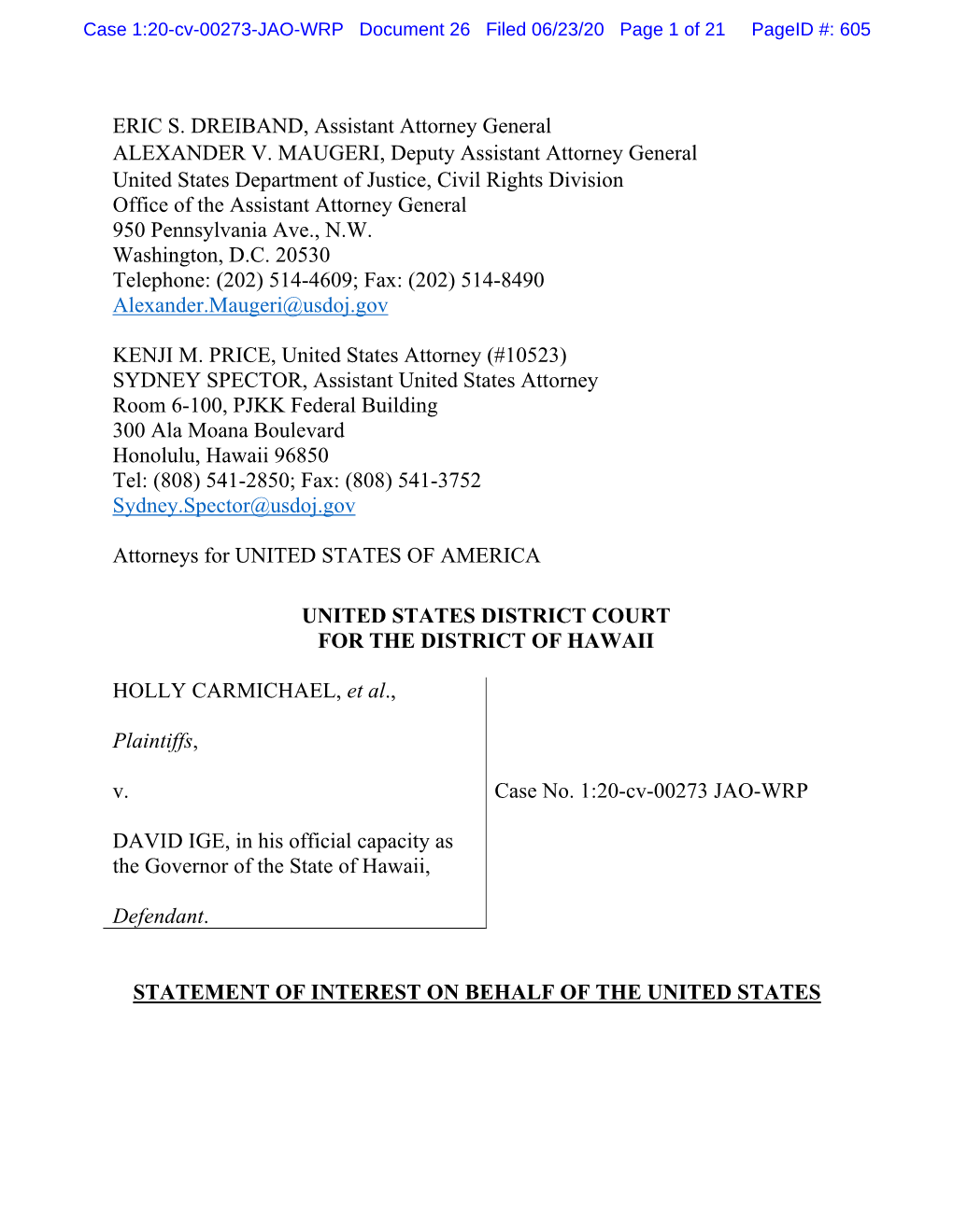 Department of Justice Files Statement of Interest Challenging The
