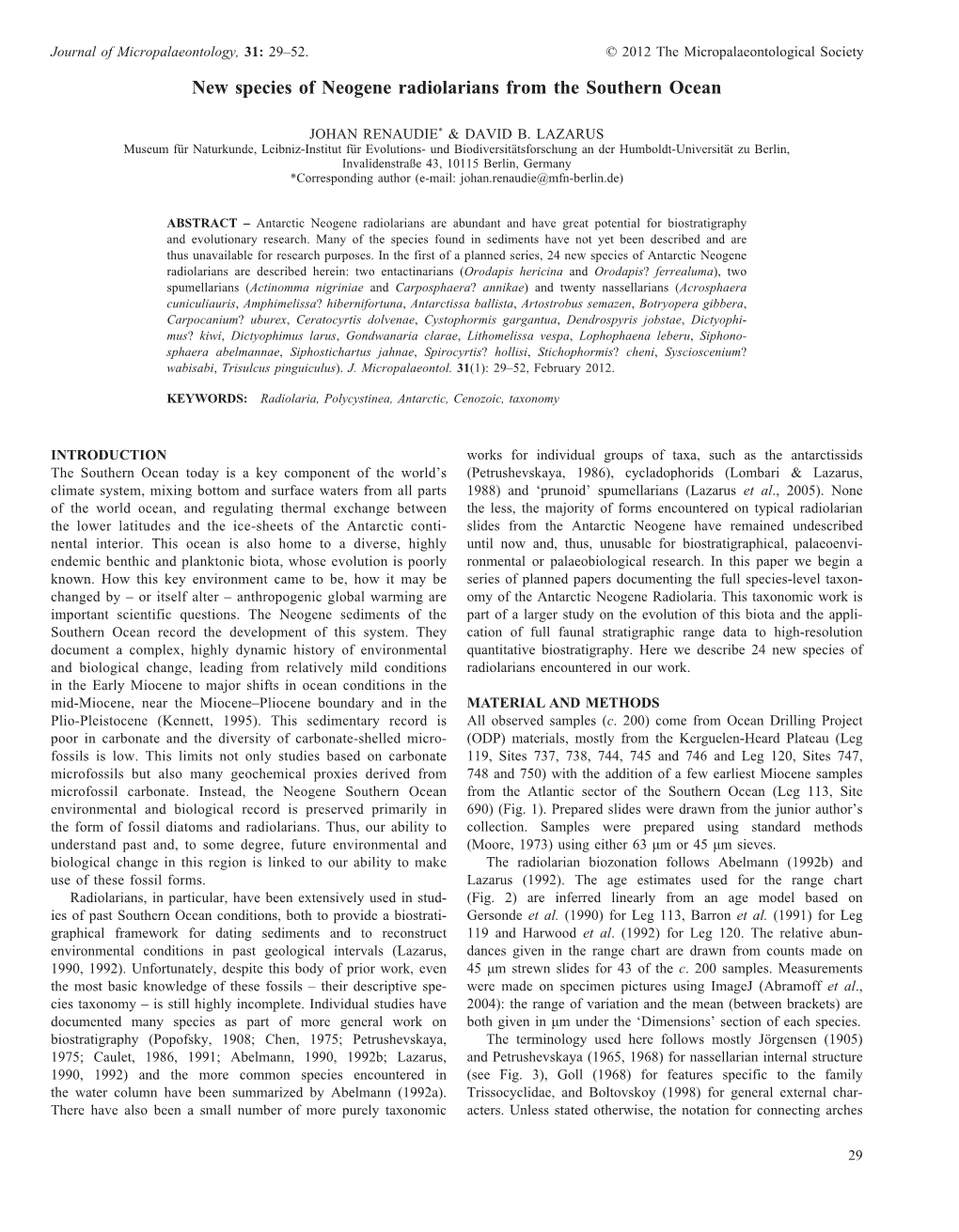 New Species of Neogene Radiolarians from the Southern Ocean