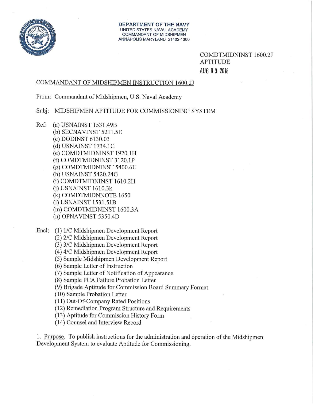 1600.2J Aptitude Aug O3 2018 Commandant of Midshipmen Instruction 1600.2J