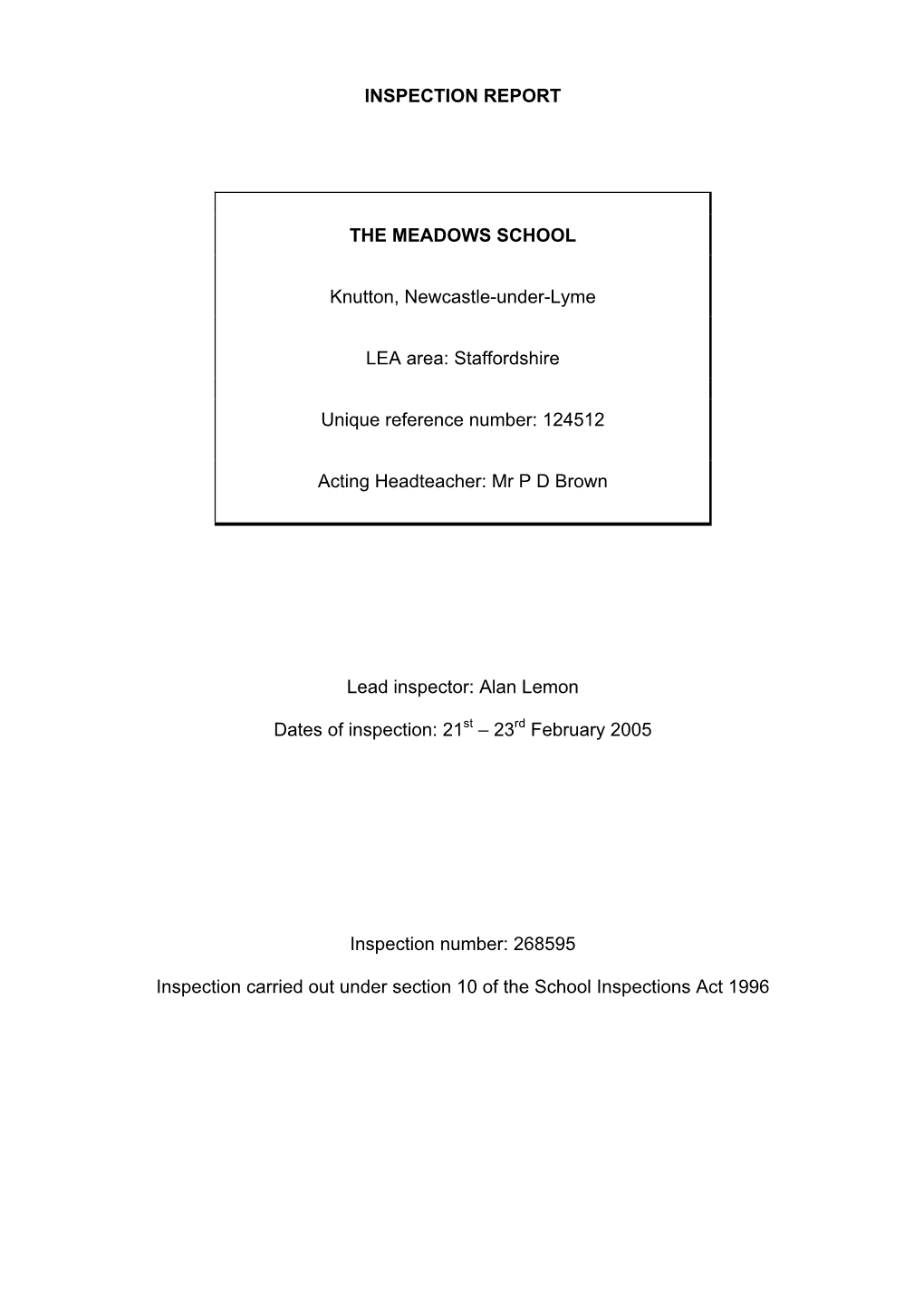 INSPECTION REPORT the MEADOWS SCHOOL Knutton