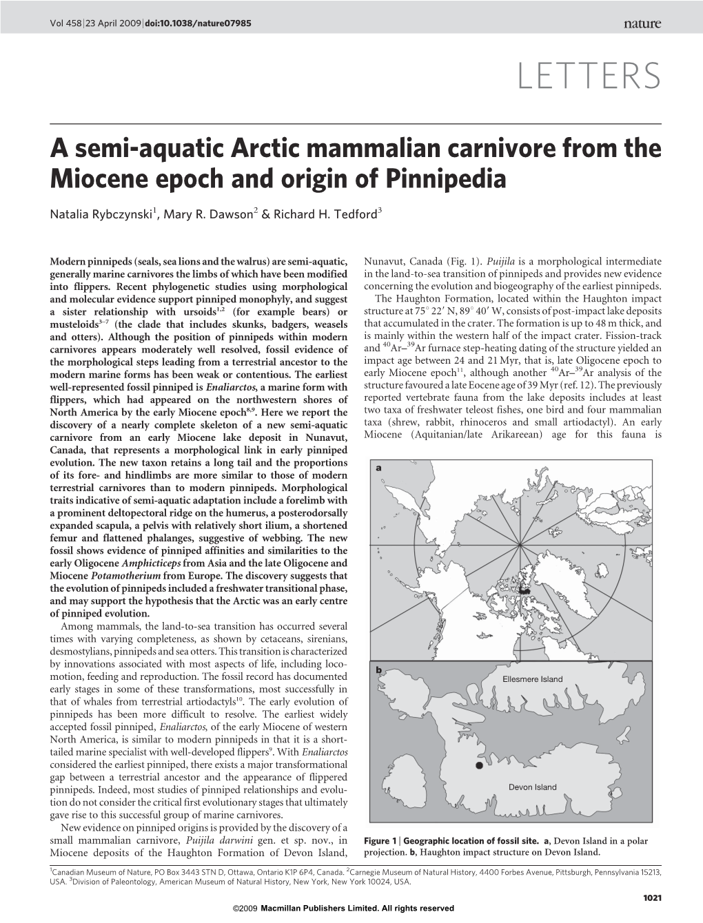 A Semi-Aquatic Arctic Mammalian Carnivore from the Miocene Epoch and Origin of Pinnipedia