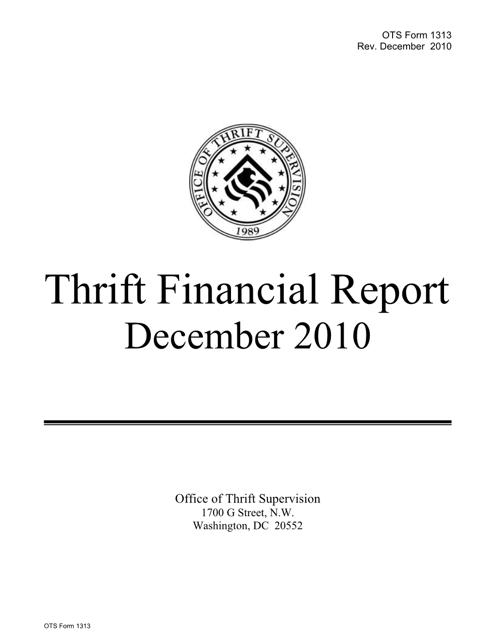 OTS Form 1313, Thrift Financial Report, December 2010