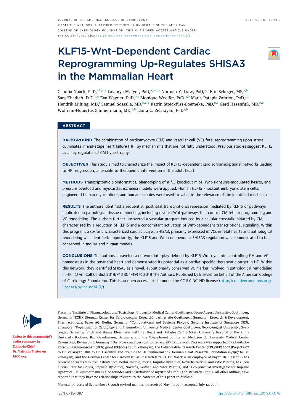 KLF15-Wnt-Dependent Cardiac Reprogramming Up-Regulates SHISA3 in the Mammalian Heart